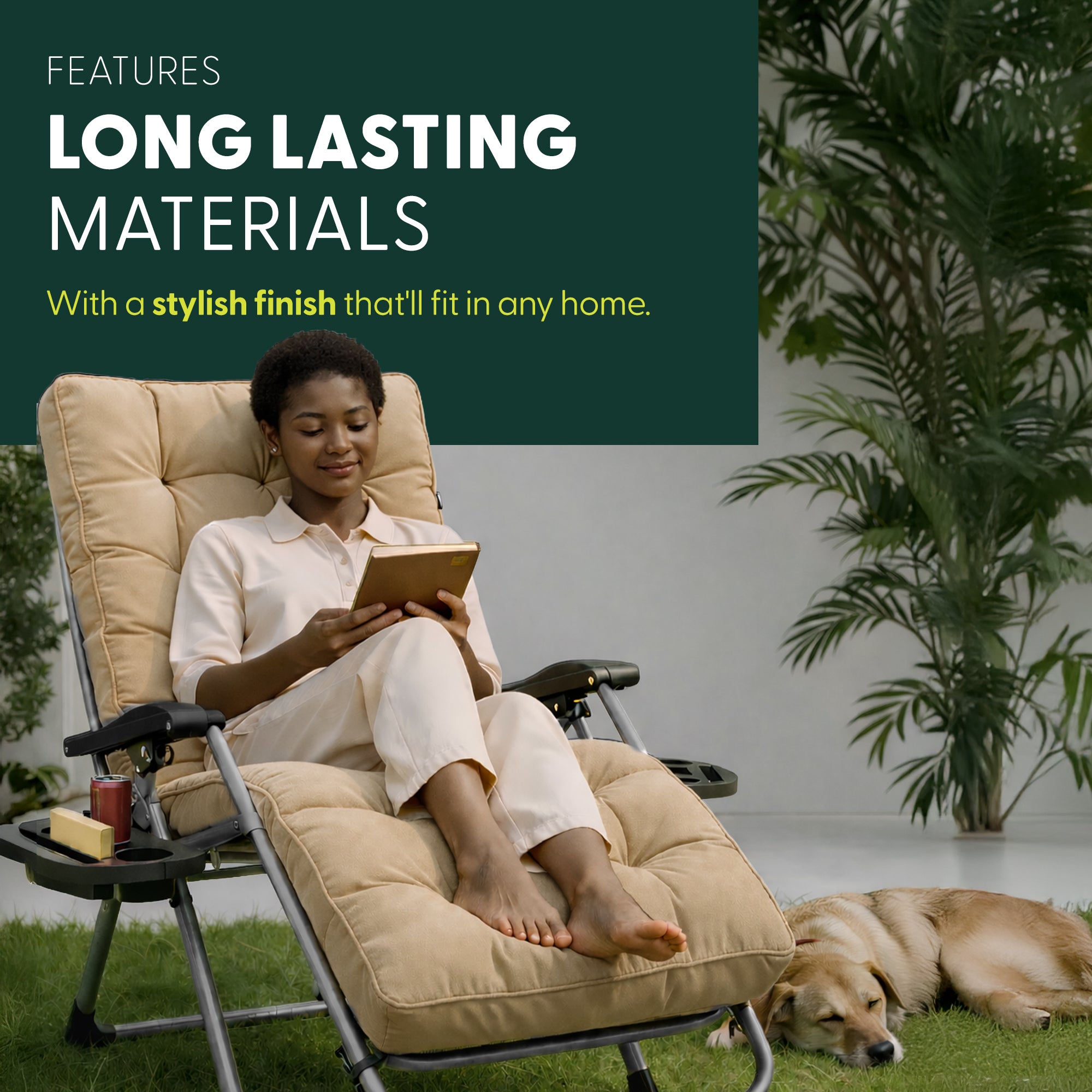 KEPLIN Square Tube Gravity Chair with Cushion – Extra-Wide 72cm Recliner, Adjustable Zero Gravity Lounger, Reinforced Frame, Supports 150kg, Premium Comfort for Indoor & Outdoor Relaxation