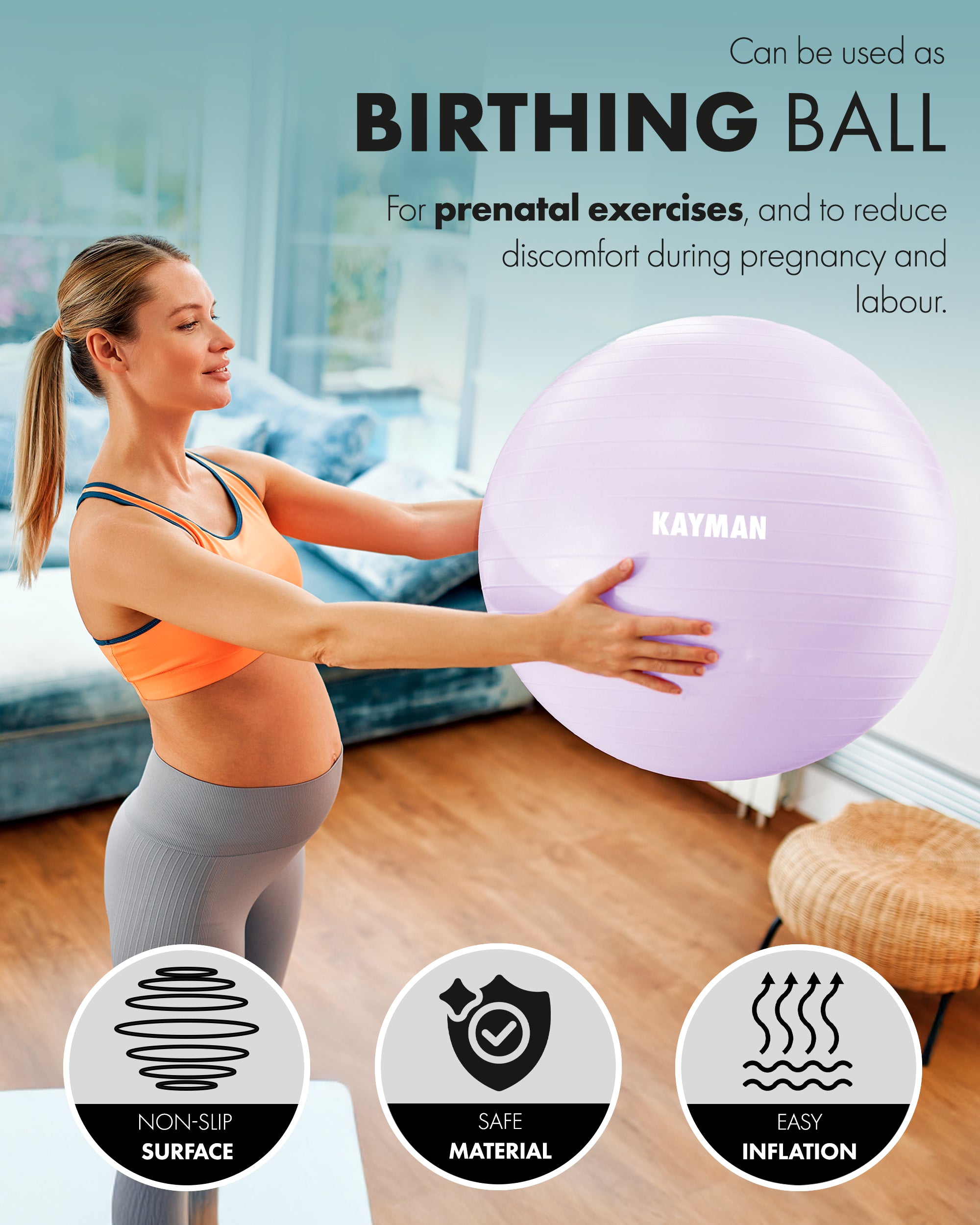 KAYMAN Exercise Ball - Anti-Burst System, Non-Slip Rings, Durable Material, Easy to Inflate, Ideal for Yoga, Pilates, Fitness, Balance Training, Gym, and Home Workouts