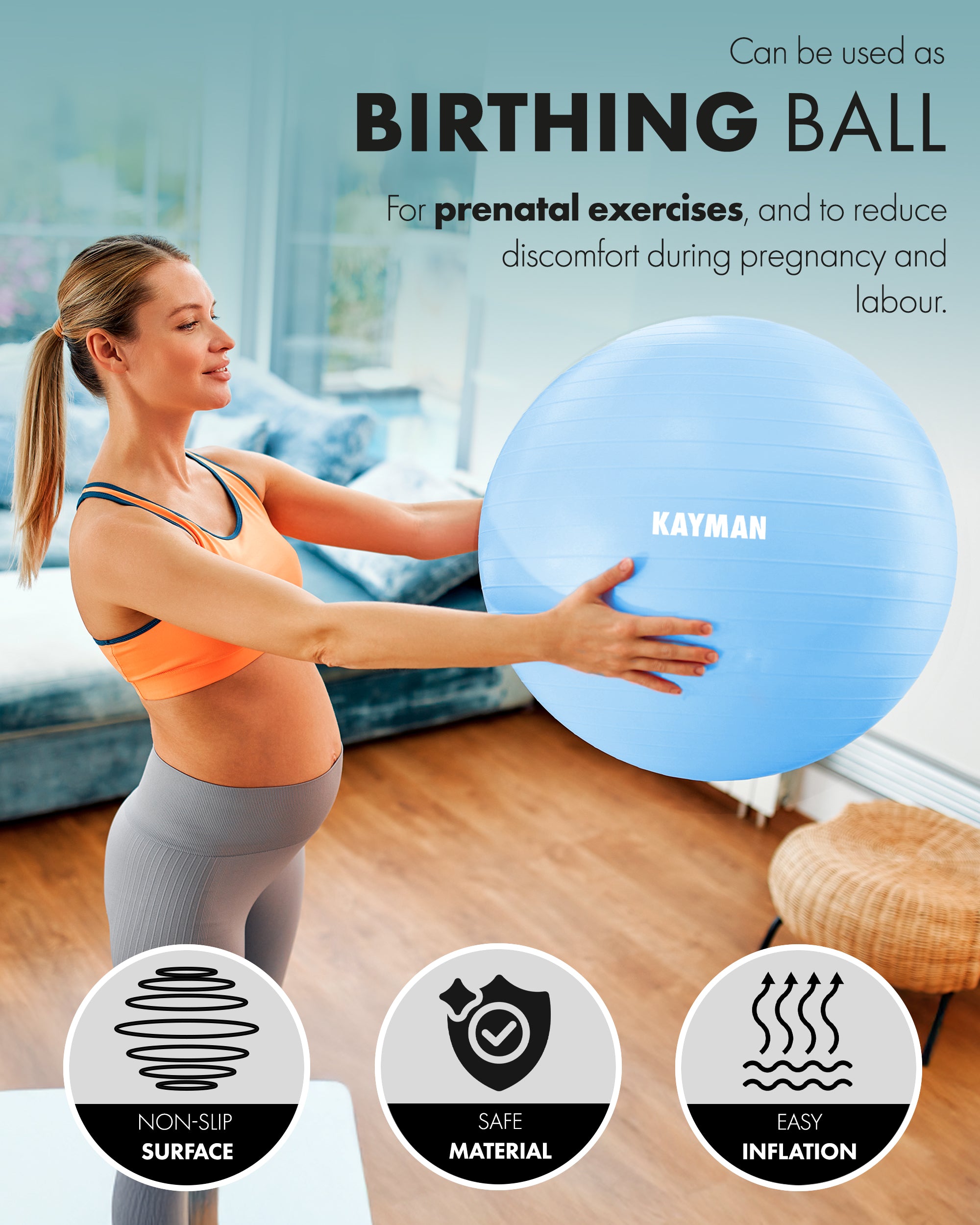 KAYMAN Exercise Ball - Anti-Burst System, Non-Slip Rings, Durable Material, Easy to Inflate, Ideal for Yoga, Pilates, Fitness, Balance Training, Gym, and Home Workouts