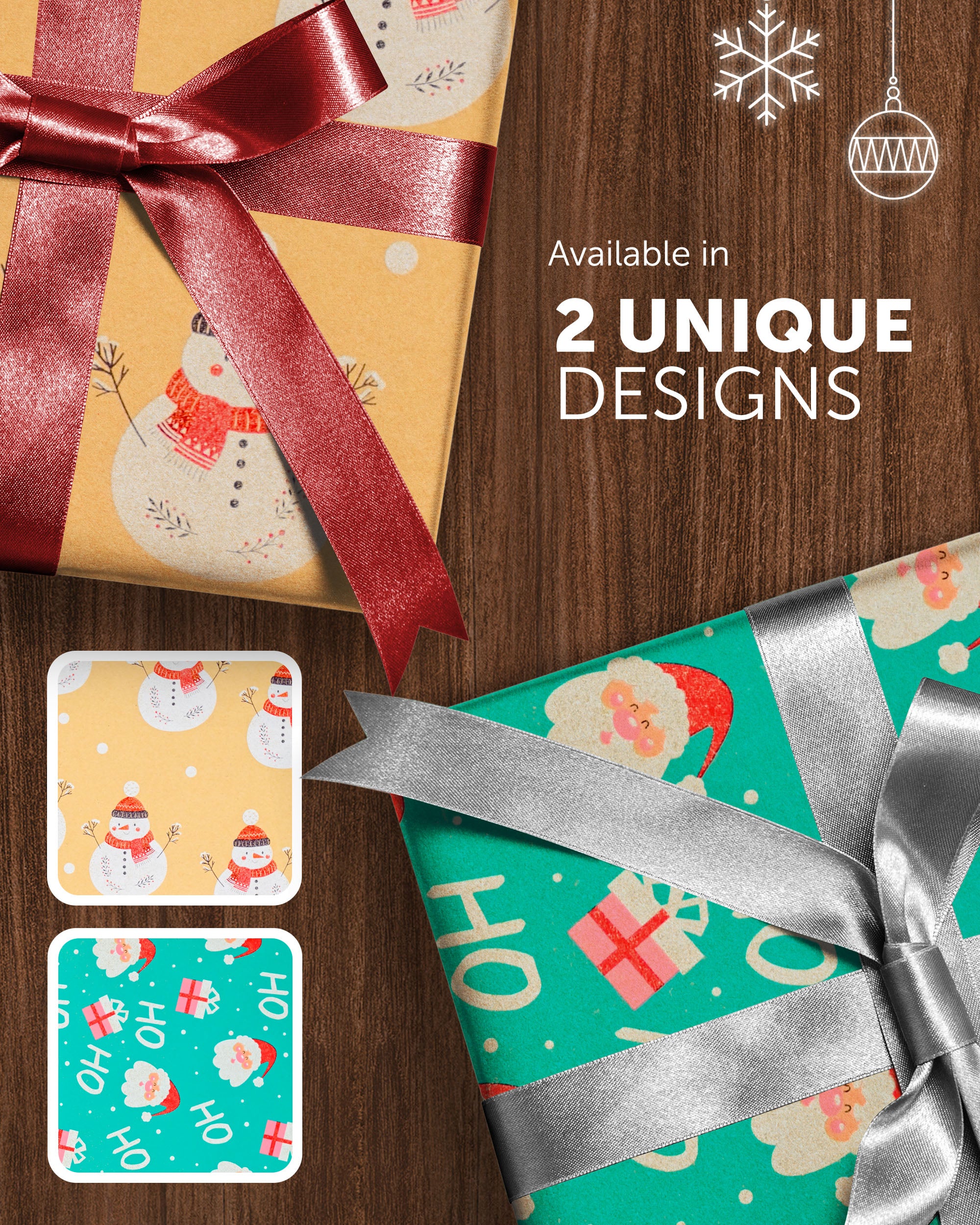 Kraft & Co 2 Pack Christmas Wrapping Paper Roll - Festive Designed Recyclable Kraft Paper, Perfect for Holiday Gifts, Arts & Crafts-Wrapping for a Merry Christmas (44.5cm x 25m)