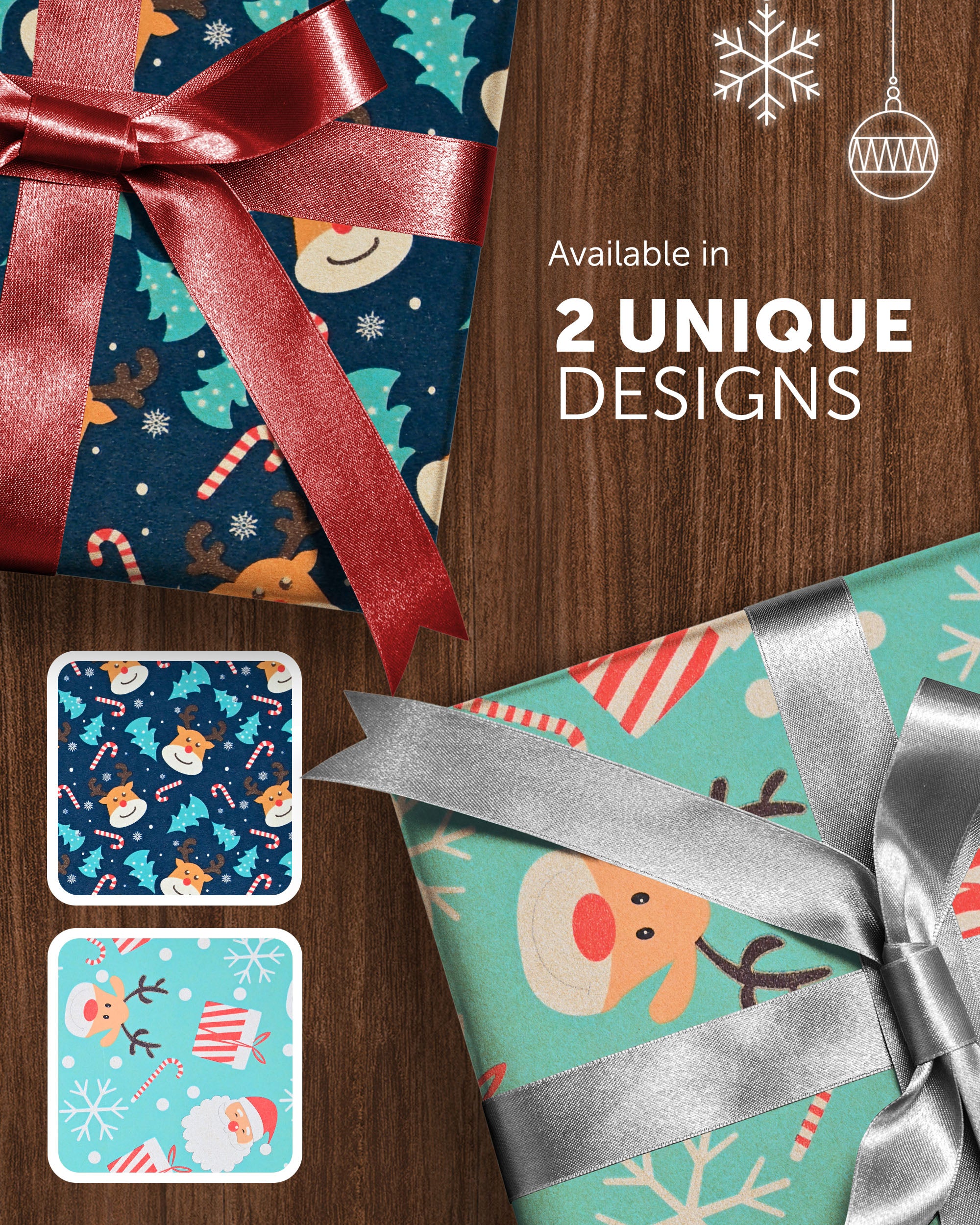 Kraft & Co 2 Pack Christmas Wrapping Paper Roll - Festive Designed Recyclable Kraft Paper, Perfect for Holiday Gifts, Arts & Crafts-Wrapping for a Merry Christmas (44.5cm x 25m)