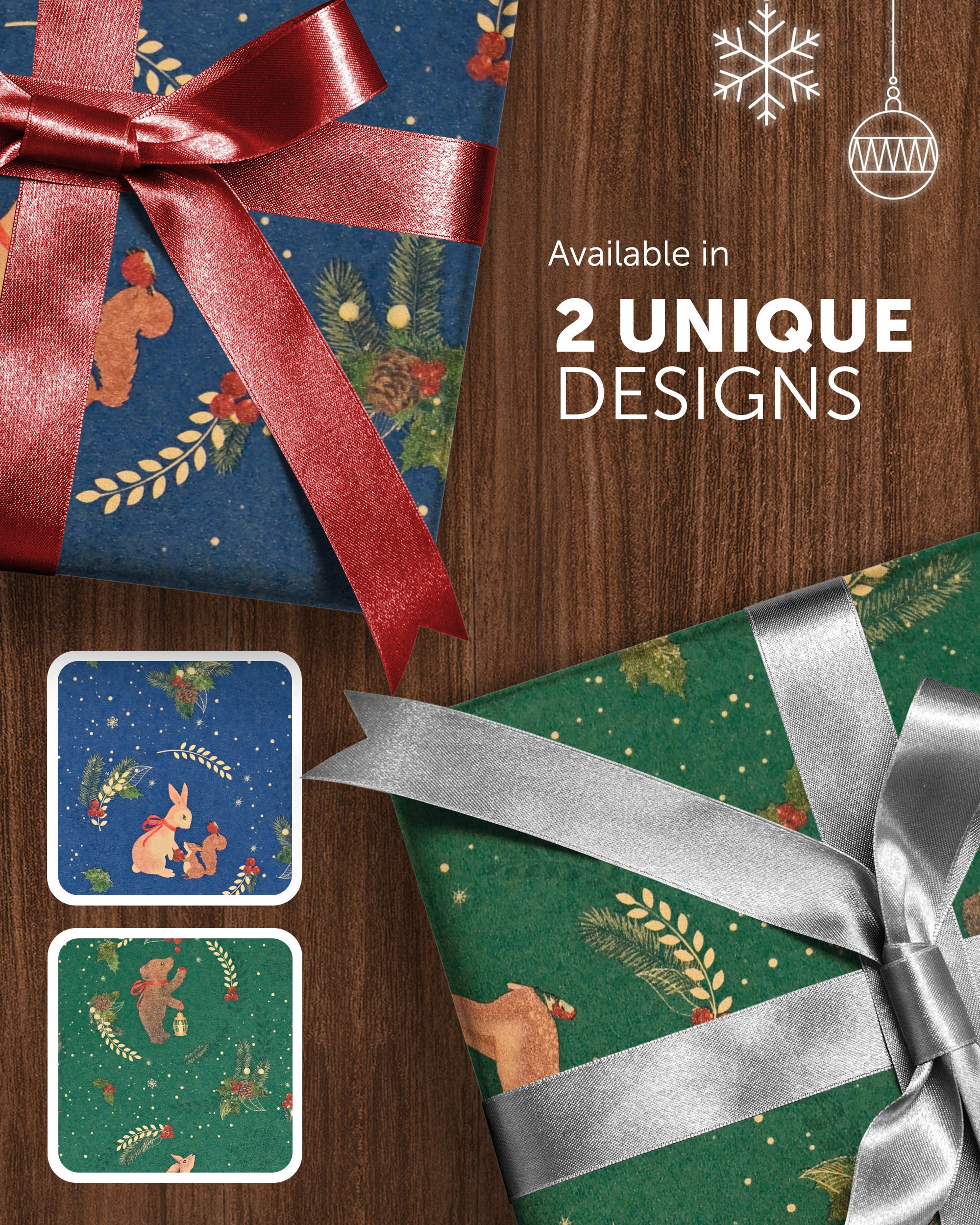 Kraft & Co 2 Pack Christmas Wrapping Paper Roll - Festive Designed Recyclable Kraft Paper, Perfect for Holiday Gifts, Arts & Crafts-Wrapping for a Merry Christmas (44.5cm x 25m)