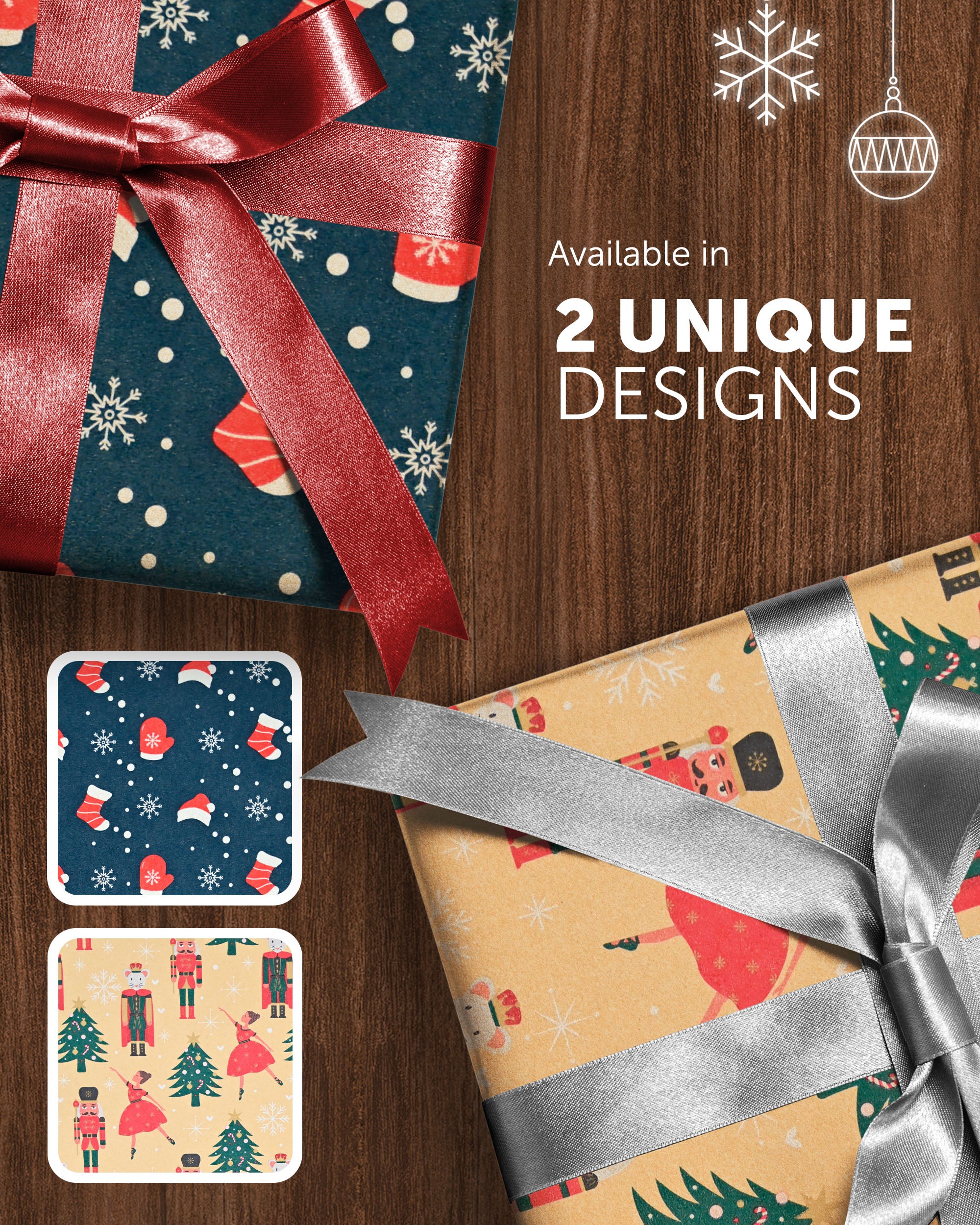 Kraft & Co 2 Pack Christmas Wrapping Paper Roll - Festive Designed Recyclable Kraft Paper, Perfect for Holiday Gifts, Arts & Crafts-Wrapping for a Merry Christmas (44.5cm x 25m)