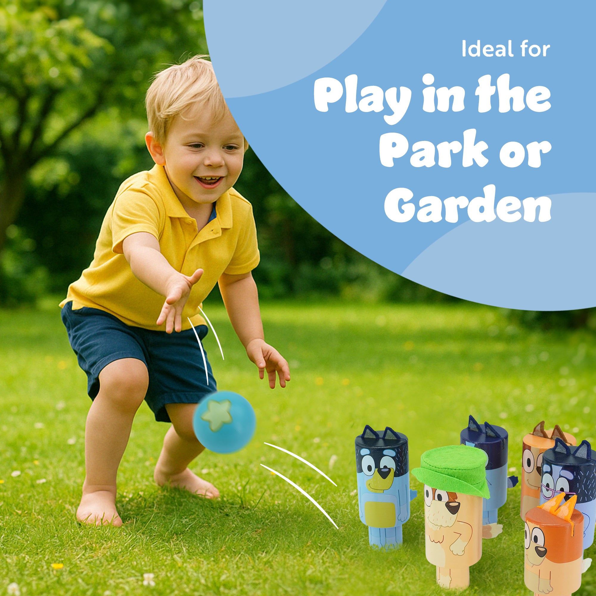 Bluey - Wooden Character Skittles Set - Indoor & Outdoor Bowling Game for Kids - 6 Character Pins & 1 Ball - Develops Motor Skills & Hand-Eye Coordination - FSC Certified, Ages 3+