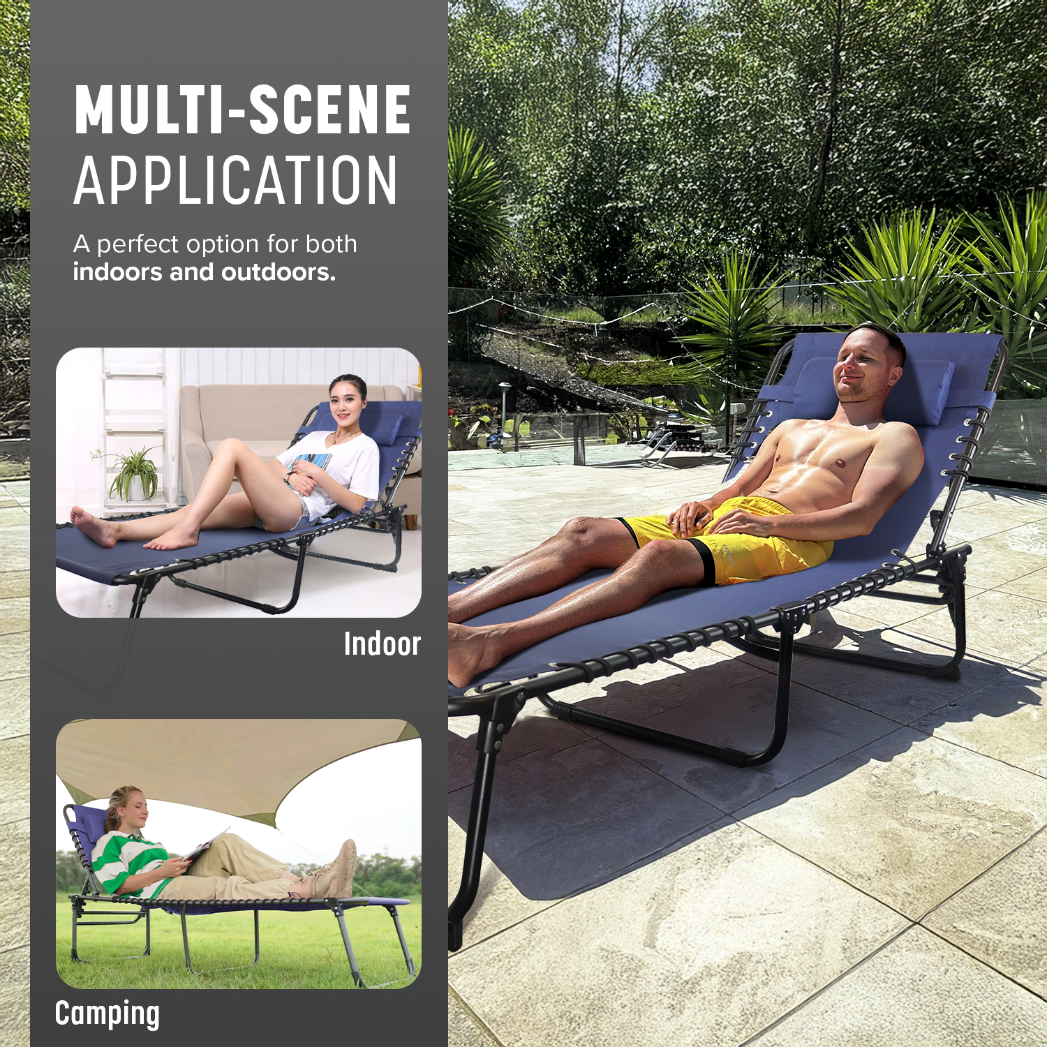 KEPLIN Foldable Recliner Sun Lounger - 600D Oxford Fabric - Adjustable Back and Leg Rests - Lightweight and Portable - Compact Space-Saving Design - Durable Outdoor Use - 190 x 65 x 30 cm