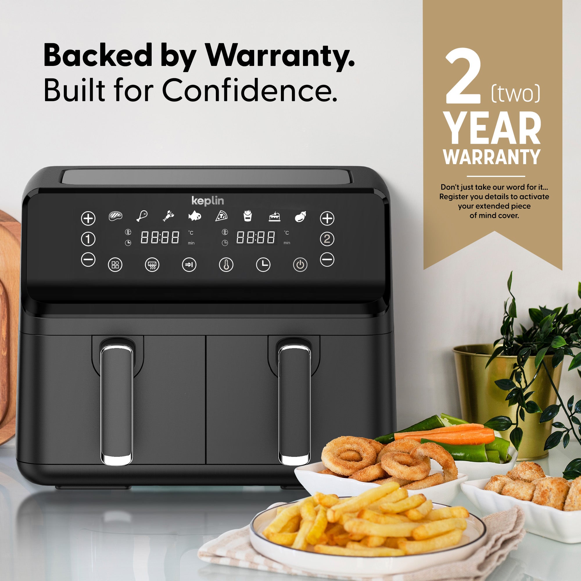 Keplin 9L Dual Zone Air Fryer - 2700W Energy-Saving Cooker with 6 Cooking Functions - Extra-Large Capacity for Healthy Meals - Roast, Bake, Dehydrate, Crisp - Family Size, 2 Years Warranty