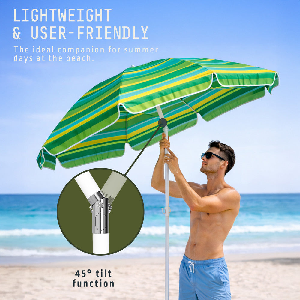 Voyager 2m tilting beach umbrella in use on sandy beach – lime stripe portable sun parasol with bag, UK