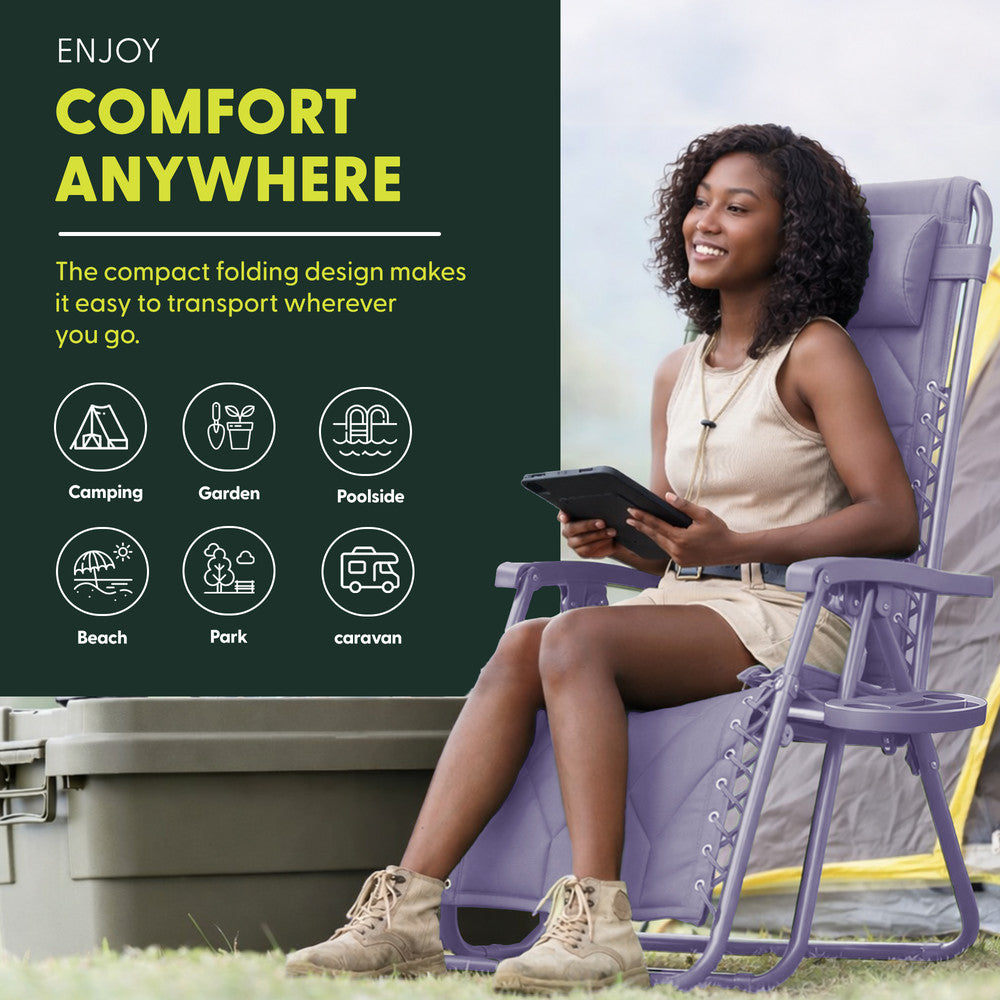 KEPLIN Set of 2 XXL Premium Heavy Duty Quilted Zero Gravity Chairs - Luxurious Garden Recliners, Adjustable Headrest, Cup & Phone Holder, Foldable, Easy to Clean Patio Sun Loungers