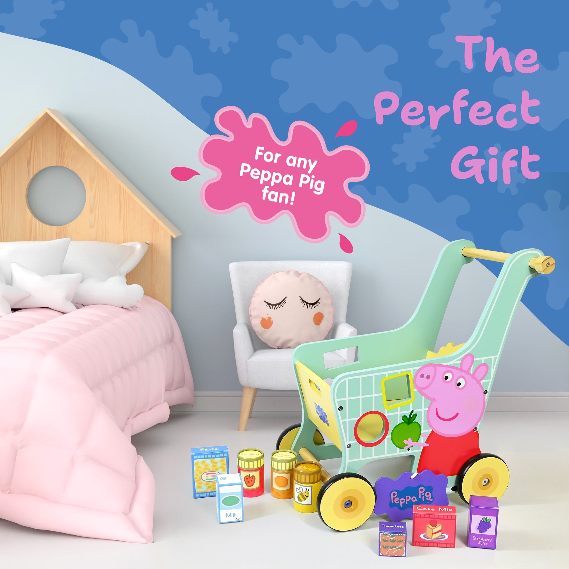 Peppa Pig Wooden Toy Trolley Close-Up – Children's Pretend Play Grocery Shopping Set