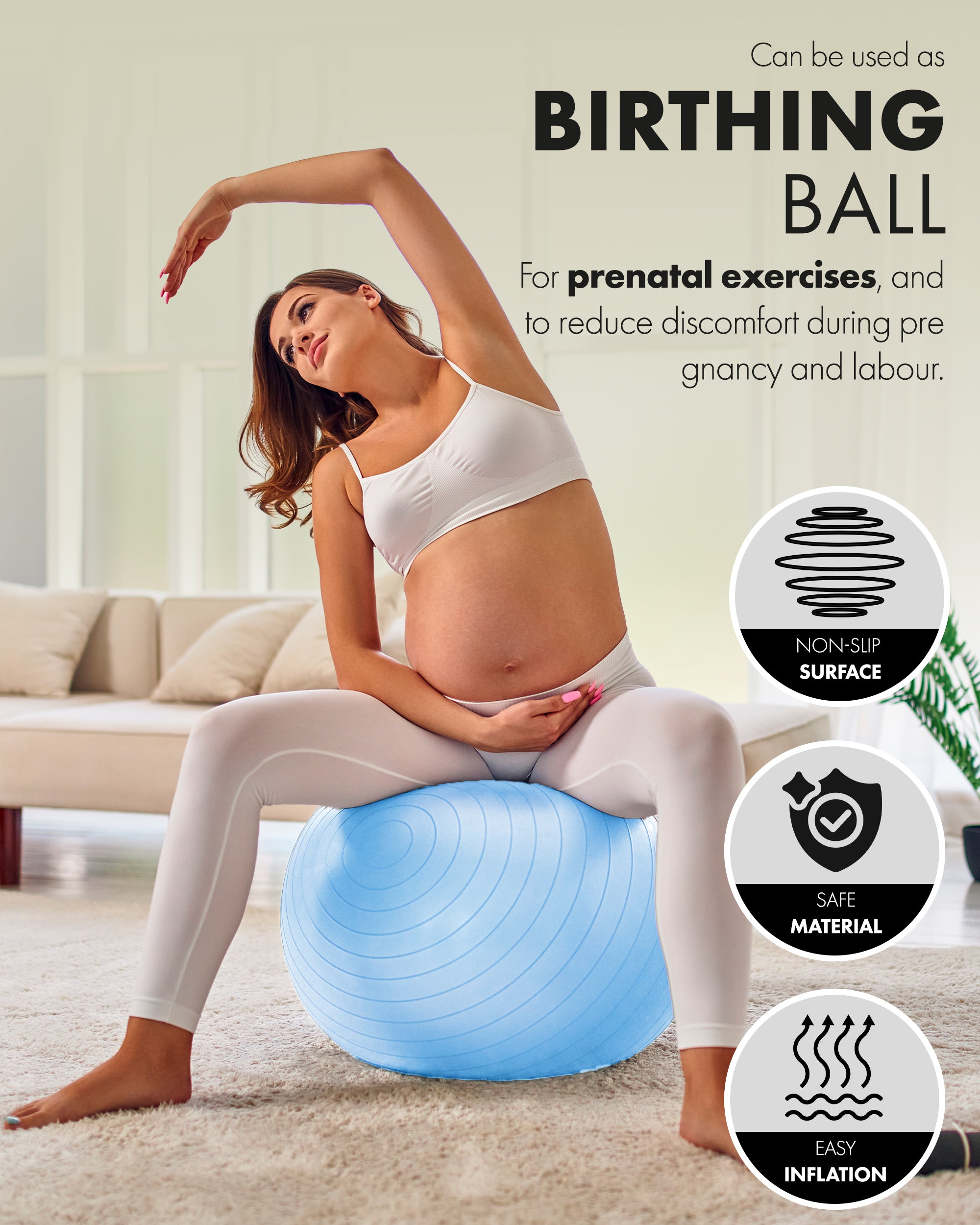 KAYMAN Exercise Ball - Anti-Burst System, Non-Slip Rings, Durable Material, Easy to Inflate, Ideal for Yoga, Pilates, Fitness, Balance Training, Gym, and Home Workouts