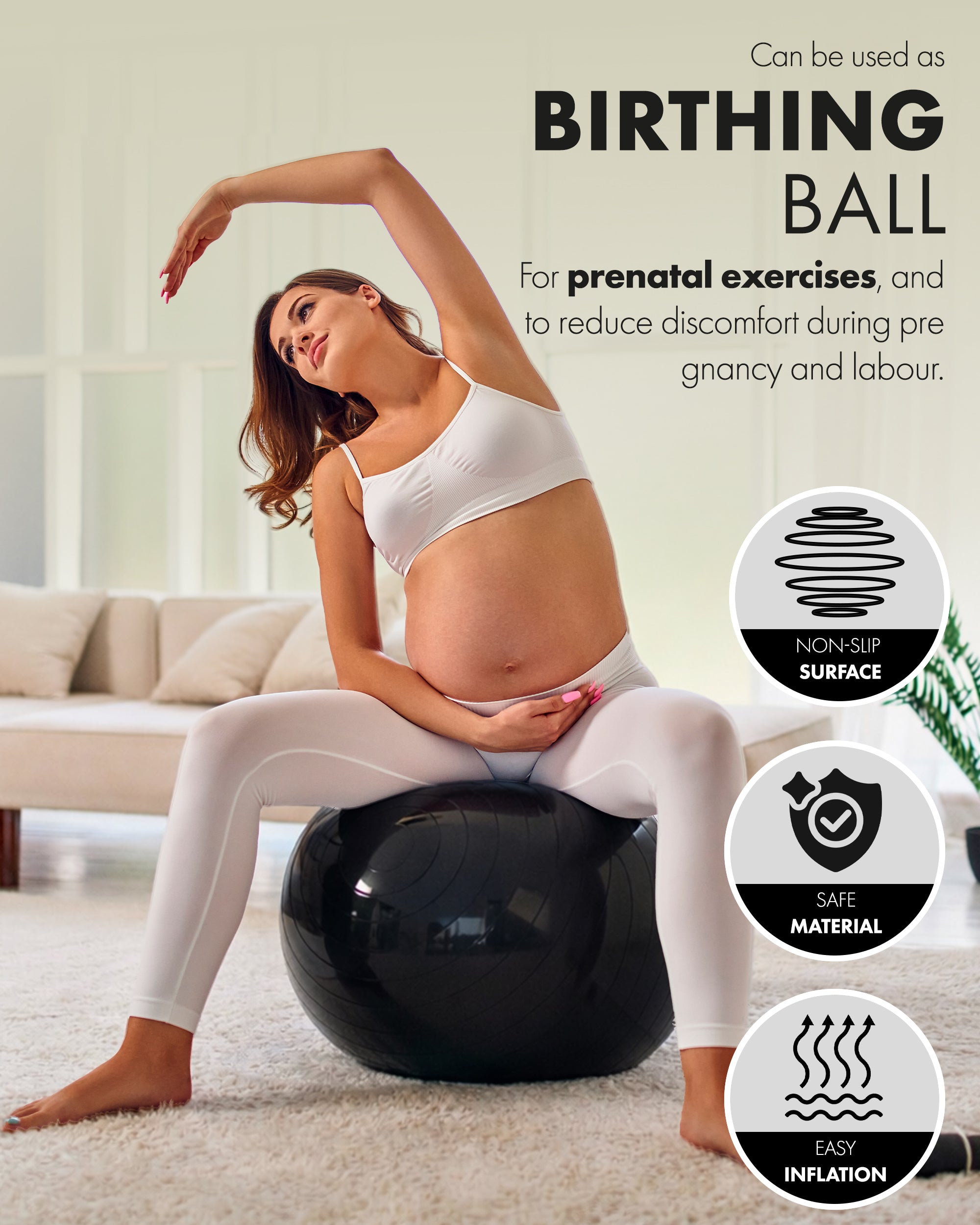 KAYMAN Exercise Ball - Anti-Burst System, Non-Slip Rings, Durable Material, Easy to Inflate, Ideal for Yoga, Pilates, Fitness, Balance Training, Gym, and Home Workouts