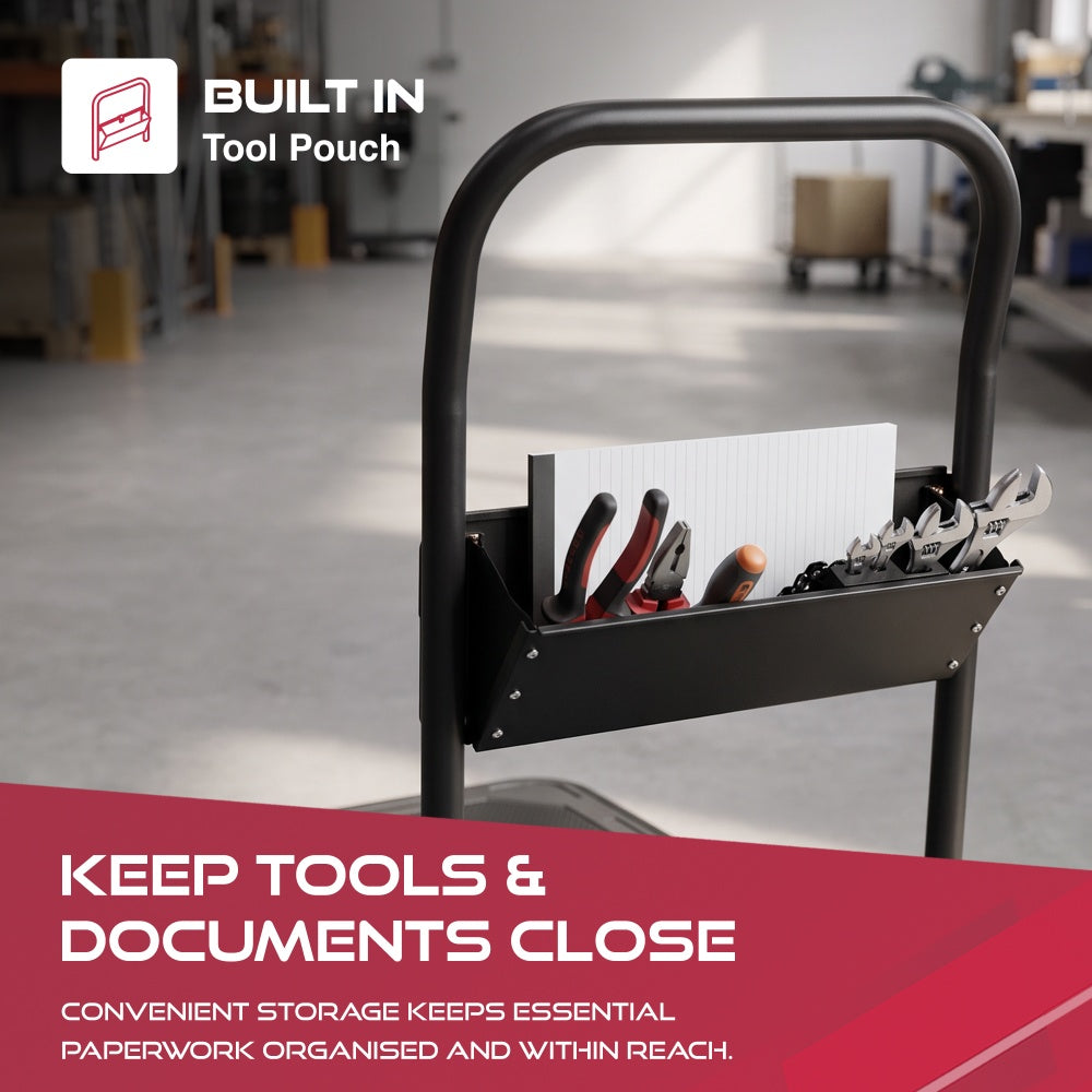 Built-in tool pouch on the Haltons platform trolley holding pliers and a screwdriver and spanners and paperwork