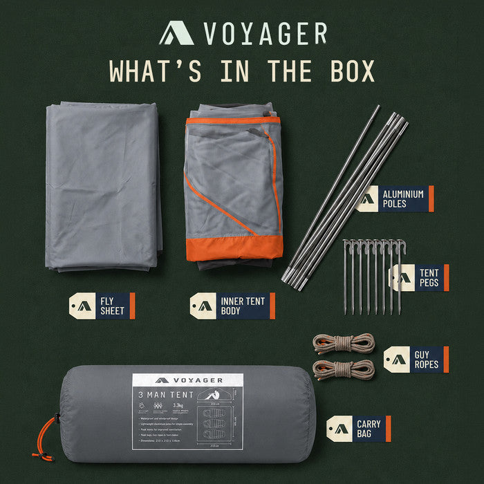 3 man tent contents: flysheet, inner tent, aluminium poles, pegs, guy ropes, bag