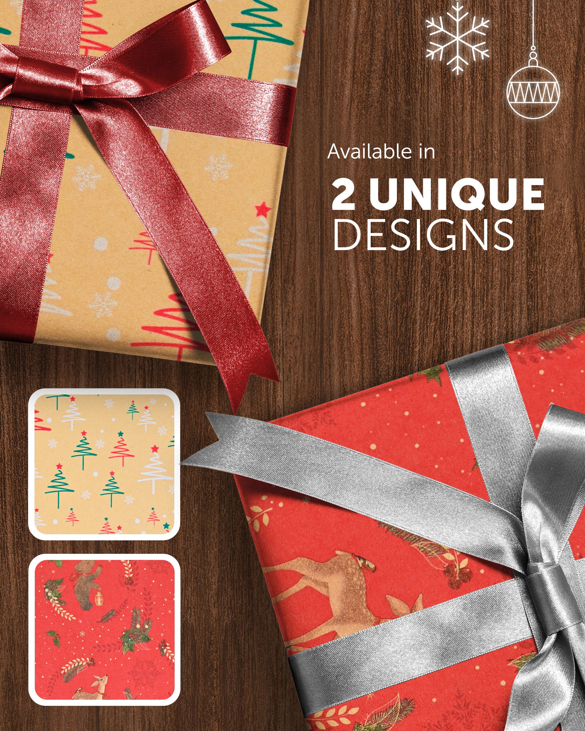 Kraft & Co 2 Pack Christmas Wrapping Paper Roll - Festive Designed Recyclable Kraft Paper, Perfect for Holiday Gifts, Arts & Crafts-Wrapping for a Merry Christmas (44.5cm x 25m)