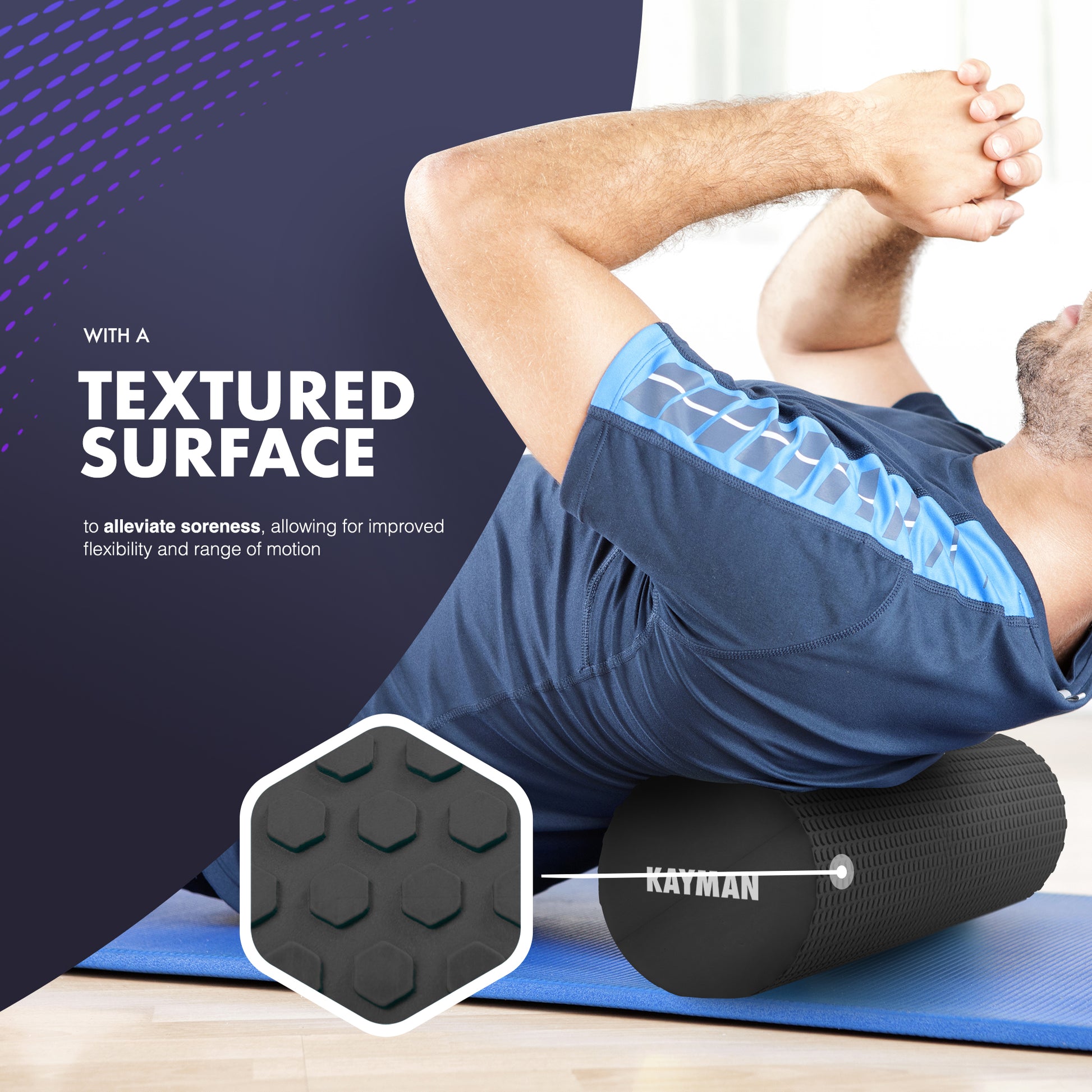 KAYMAN Sports Foam Roller – Deep Tissue Muscle Tension Relief & Circulation Boost | Portable & Lightweight Self Massager for Back, Legs, Gym, Pilates & Yoga | EVA Foam