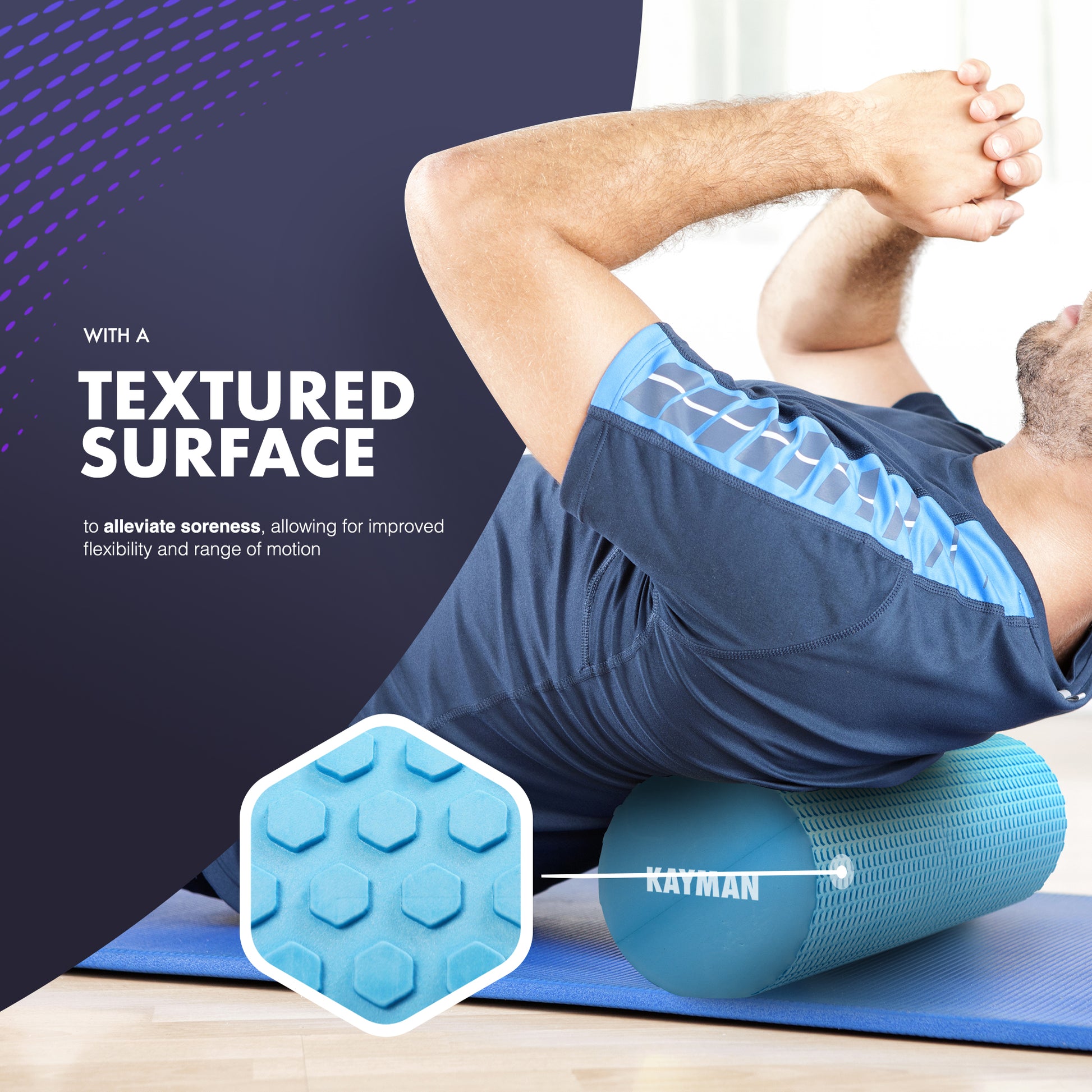KAYMAN Sports Foam Roller – Deep Tissue Muscle Tension Relief & Circulation Boost | Portable & Lightweight Self Massager for Back, Legs, Gym, Pilates & Yoga | EVA Foam