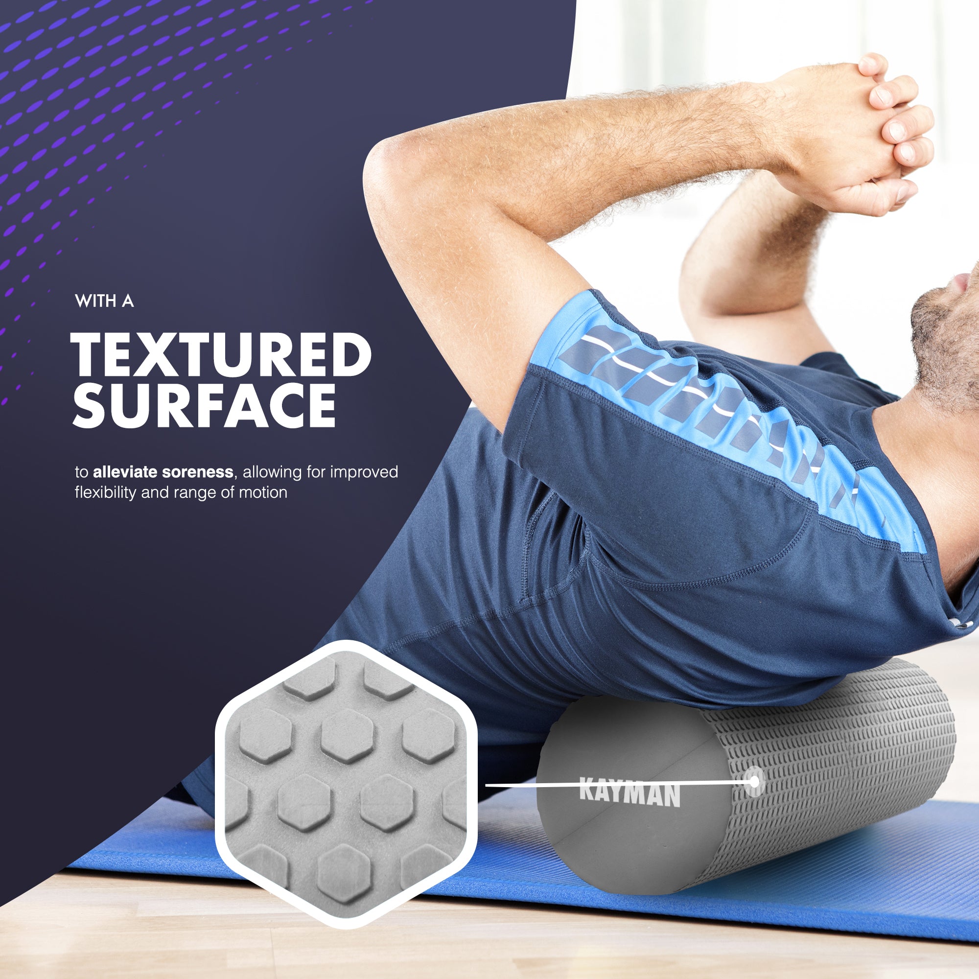 KAYMAN Sports Foam Roller – Deep Tissue Muscle Tension Relief & Circulation Boost | Portable & Lightweight Self Massager for Back, Legs, Gym, Pilates & Yoga | EVA Foam