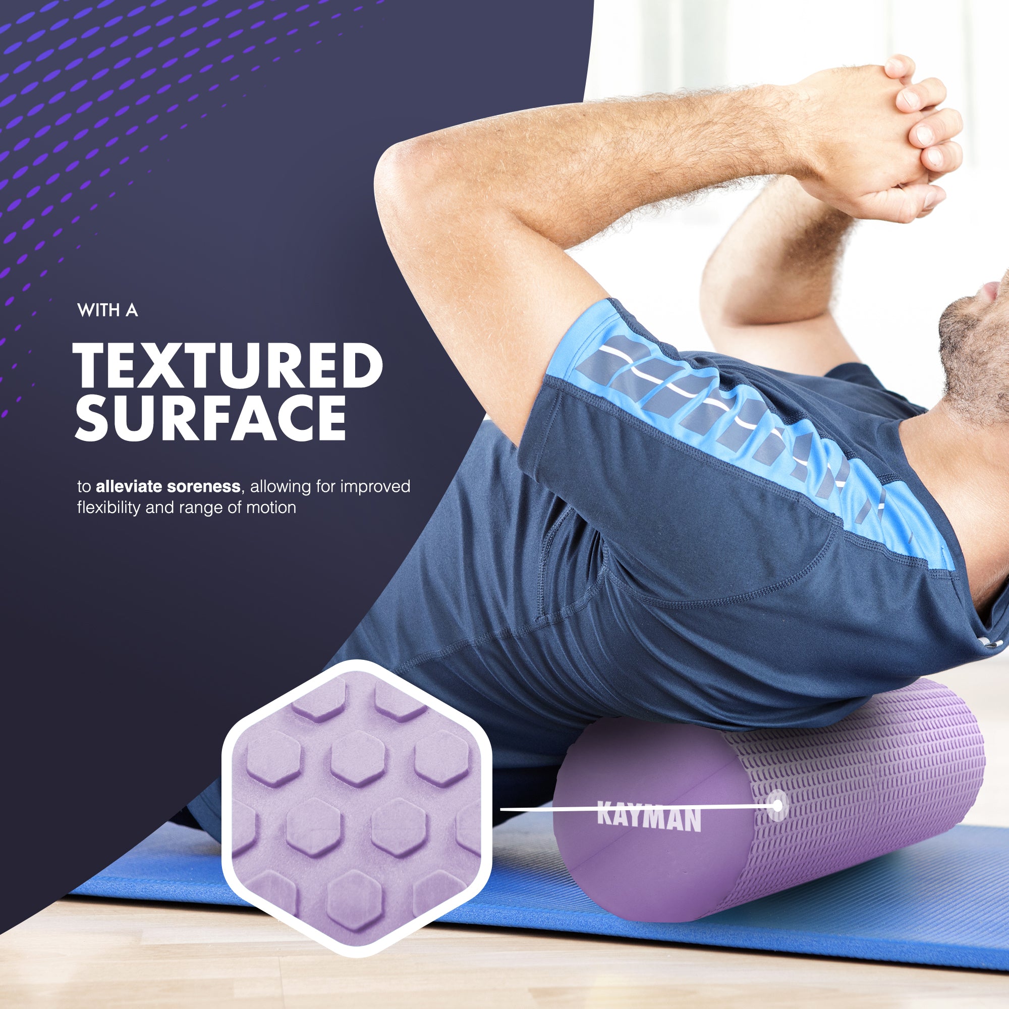 KAYMAN Sports Foam Roller – Deep Tissue Muscle Tension Relief & Circulation Boost | Portable & Lightweight Self Massager for Back, Legs, Gym, Pilates & Yoga | EVA Foam