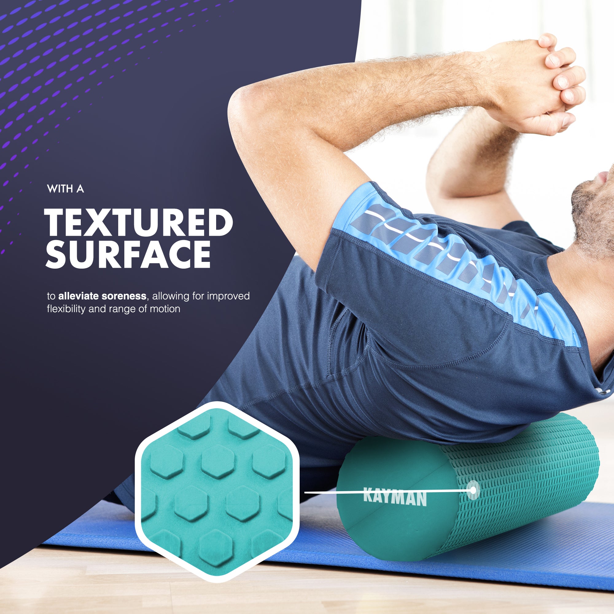 KAYMAN Sports Foam Roller – Deep Tissue Muscle Tension Relief & Circulation Boost | Portable & Lightweight Self Massager for Back, Legs, Gym, Pilates & Yoga | EVA Foam