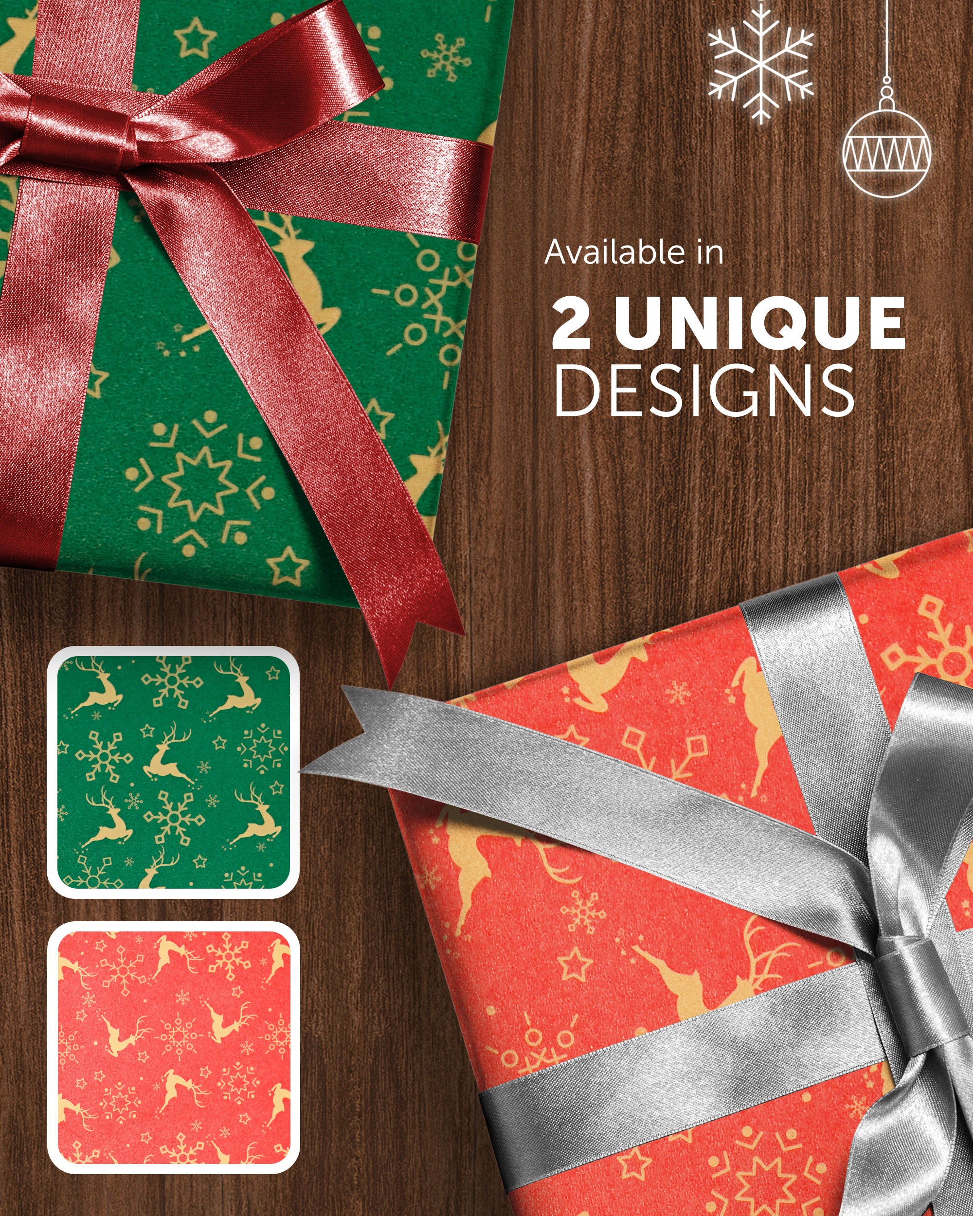 Kraft & Co 2 Pack Christmas Wrapping Paper Roll - Festive Designed Recyclable Kraft Paper, Perfect for Holiday Gifts, Arts & Crafts-Wrapping for a Merry Christmas (44.5cm x 25m)