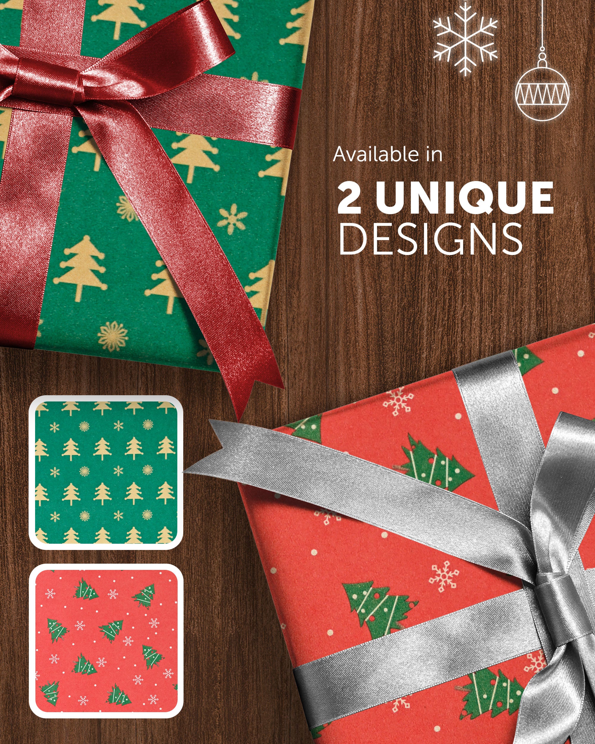 Kraft & Co 2 Pack Christmas Wrapping Paper Roll - Festive Designed Recyclable Kraft Paper, Perfect for Holiday Gifts, Arts & Crafts-Wrapping for a Merry Christmas (44.5cm x 25m)