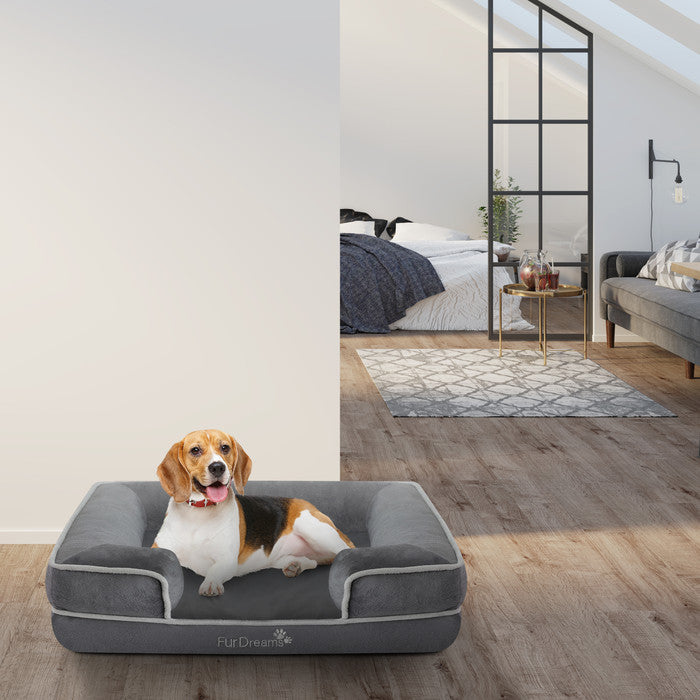 FurDreams Luxury Pet Sofa Bed – Extra Padded Orthopedic Memory Foam Mattress with Non-Slip Base, Removable Washable Flannel Cover – Plush Grey Design (70x57x17cm)