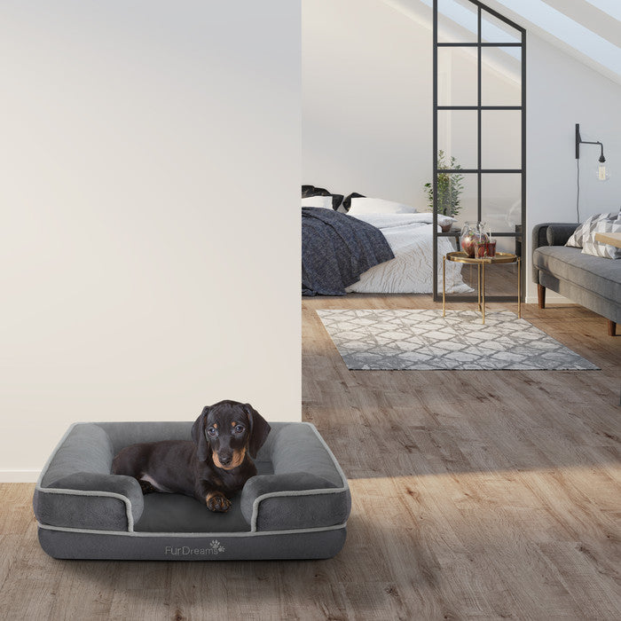FurDreams Luxury Pet Sofa Bed – Extra Padded Orthopedic Memory Foam Mattress with Non-Slip Base, Removable Washable Flannel Cover – Plush Grey Design (70x57x17cm)