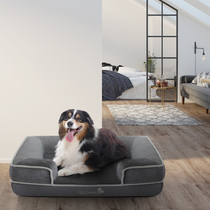 FurDreams Luxury Pet Sofa Bed – Extra Padded Orthopedic Memory Foam Mattress with Non-Slip Base, Removable Washable Flannel Cover – Plush Grey Design (70x57x17cm)