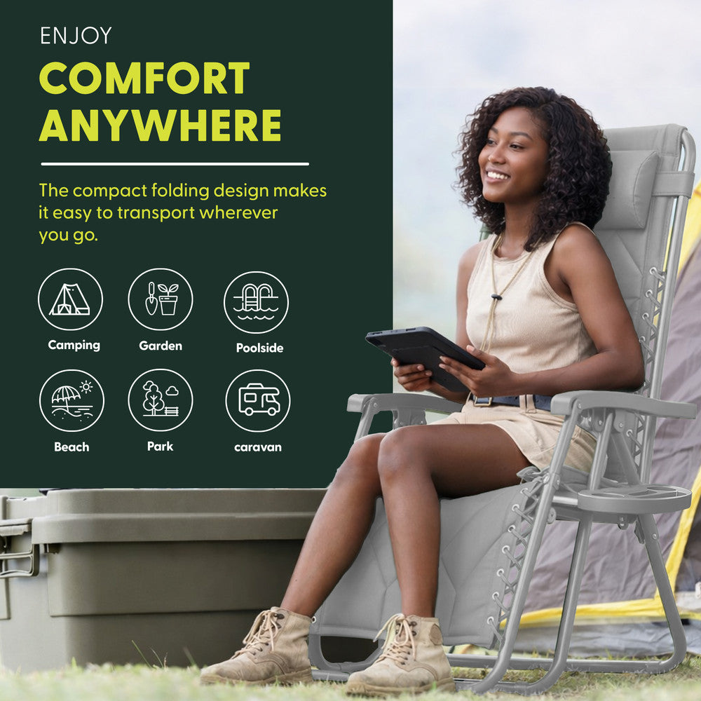 KEPLIN Set of 2 XXL Premium Heavy Duty Quilted Zero Gravity Chairs - Luxurious Garden Recliners, Adjustable Headrest, Cup & Phone Holder, Foldable, Easy to Clean Patio Sun Loungers