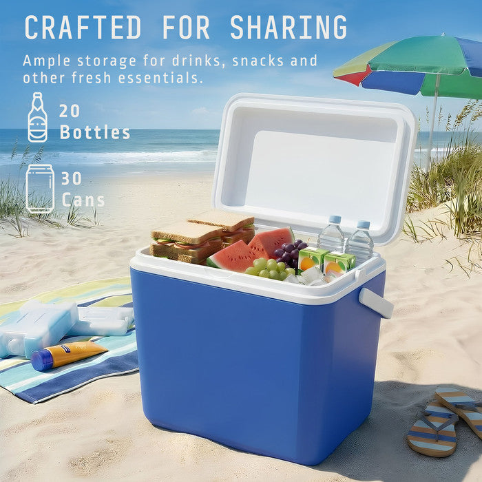 Open 30L cool box holding up to 20 bottles and 30 cans for beach picnics
