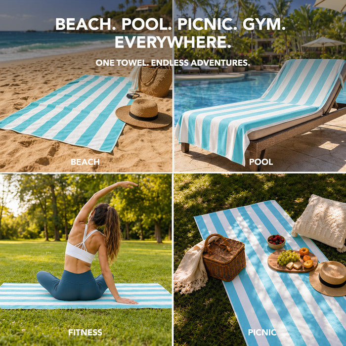 Keplin quick-dry beach towels in all three colours – coral, aqua, turquoise