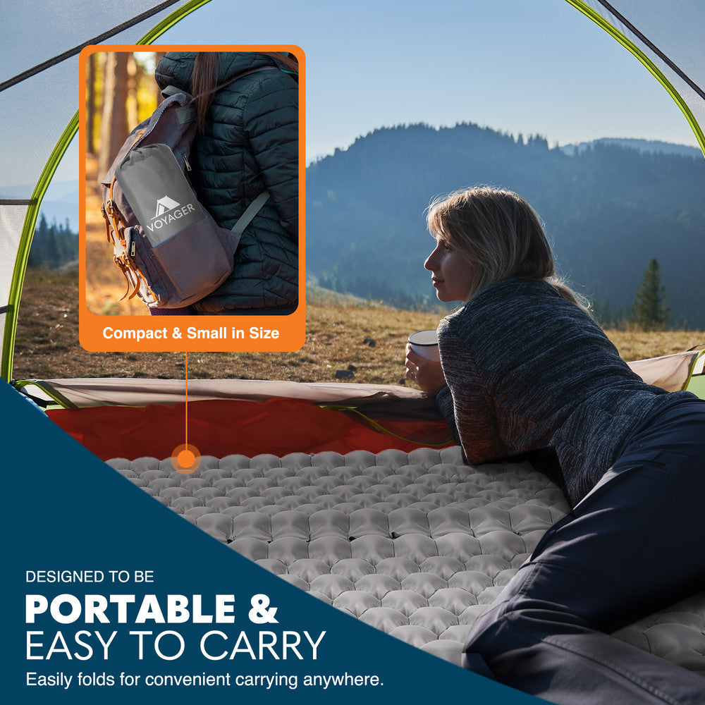 Grey single camping pads connected together – linkable inflatable sleeping mats for family camping