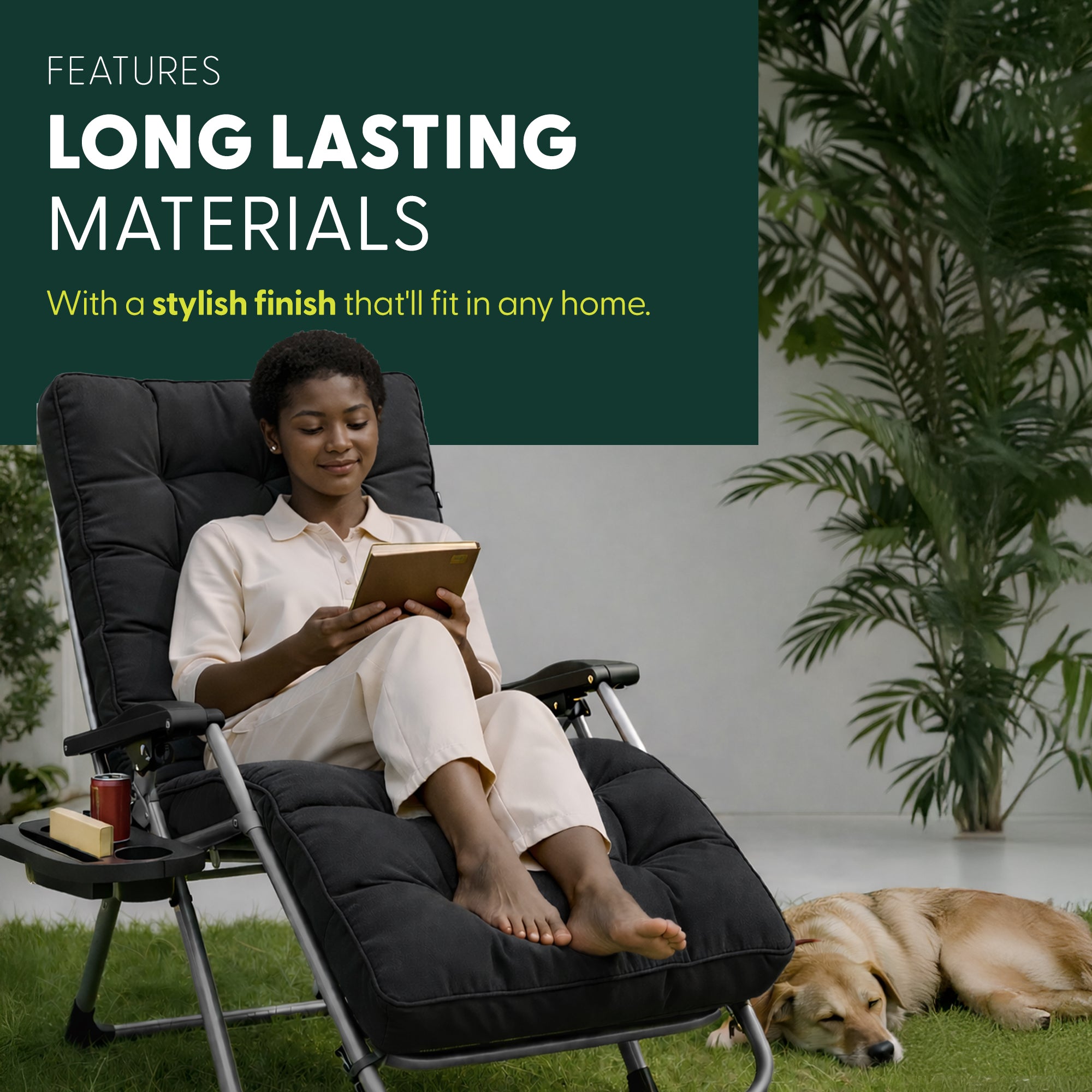 KEPLIN Square Tube Gravity Chair with Cushion – Extra-Wide 72cm Recliner, Adjustable Zero Gravity Lounger, Reinforced Frame, Supports 150kg, Premium Comfort for Indoor & Outdoor Relaxation