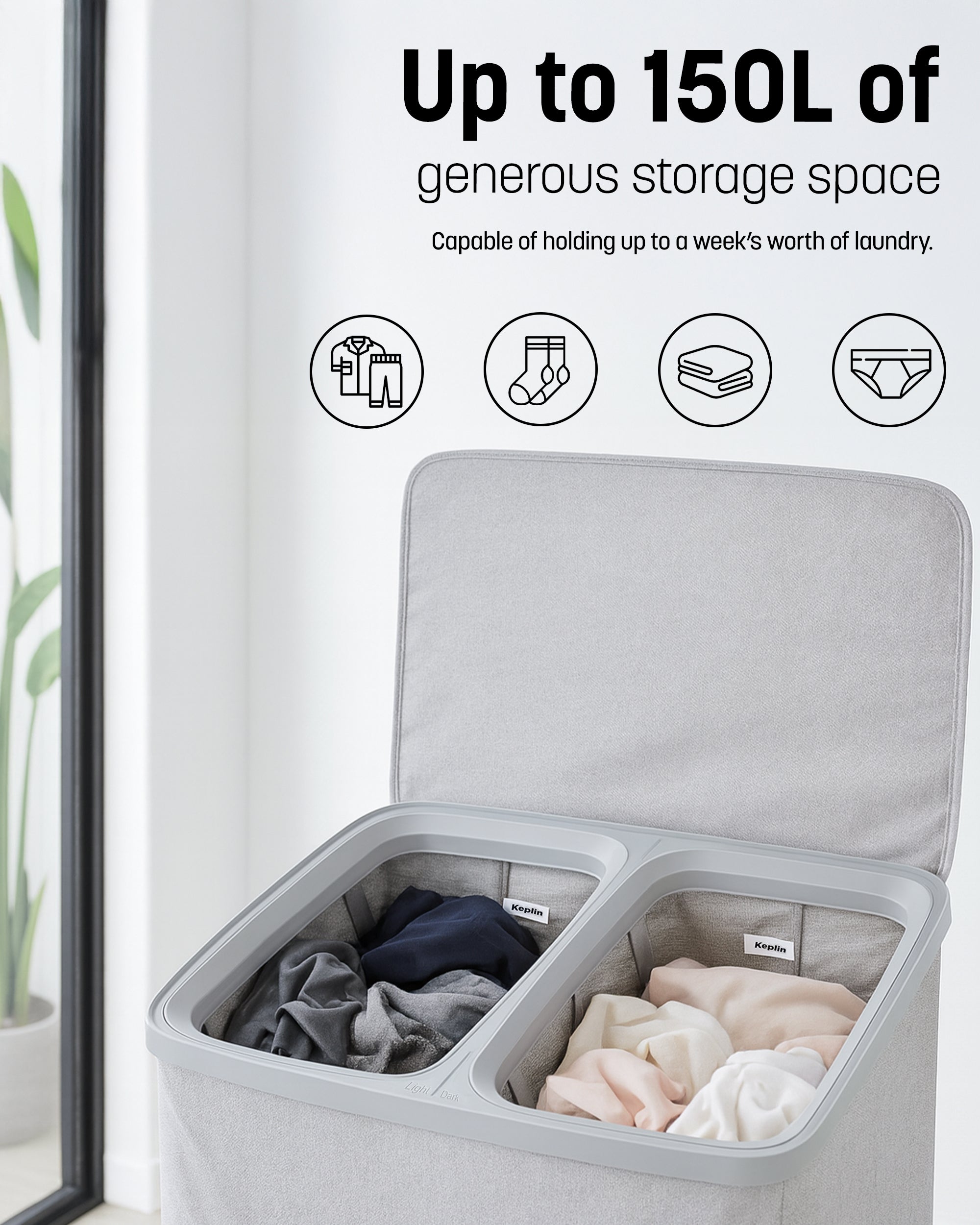 Keplin Collapsible Laundry Basket with Lid – 2 Section Clothes Sorter Hamper 150L – Large Fabric Washing Bin with Removable Liner, Handles & Bottom Strap – Foldable Grey Laundry Organizer 56x40x67cm