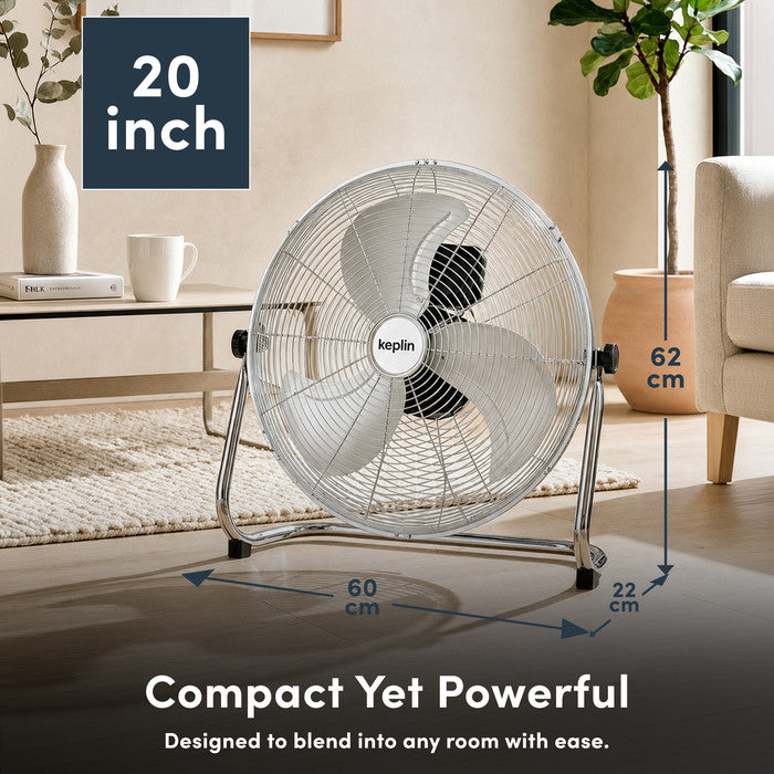 Metal guard and blade detail 20 inch chrome floor fan