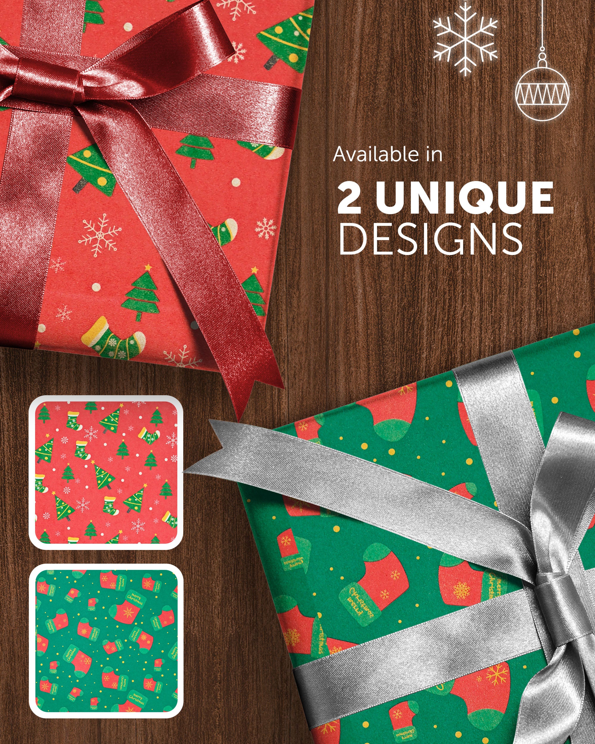 Kraft & Co 2 Pack Christmas Wrapping Paper Roll - Festive Designed Recyclable Kraft Paper, Perfect for Holiday Gifts, Arts & Crafts-Wrapping for a Merry Christmas (44.5cm x 25m)