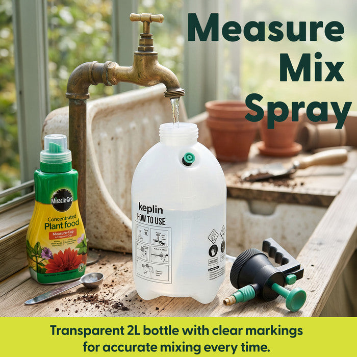 Transparent 2L sprayer bottle being filled at garden tap with clear measuring markings for accurate mixing