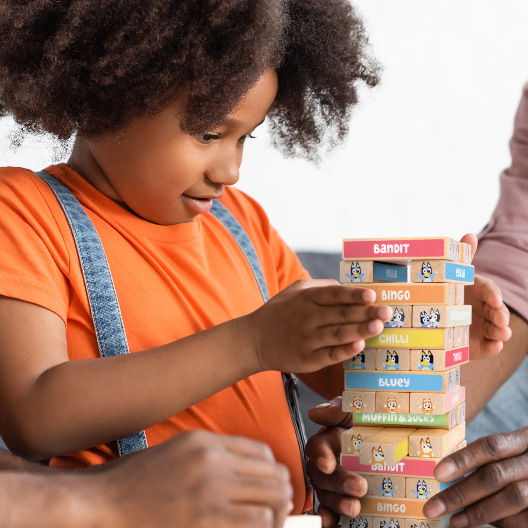 Bluey Tumbling Tower Game - 54 Colourful FSC-Certified Wooden Blocks, Hand-Eye Coordination & Motor Skills Family Game, Eco-Friendly Fun for Kids Aged 3+, Durable & Non-Toxic