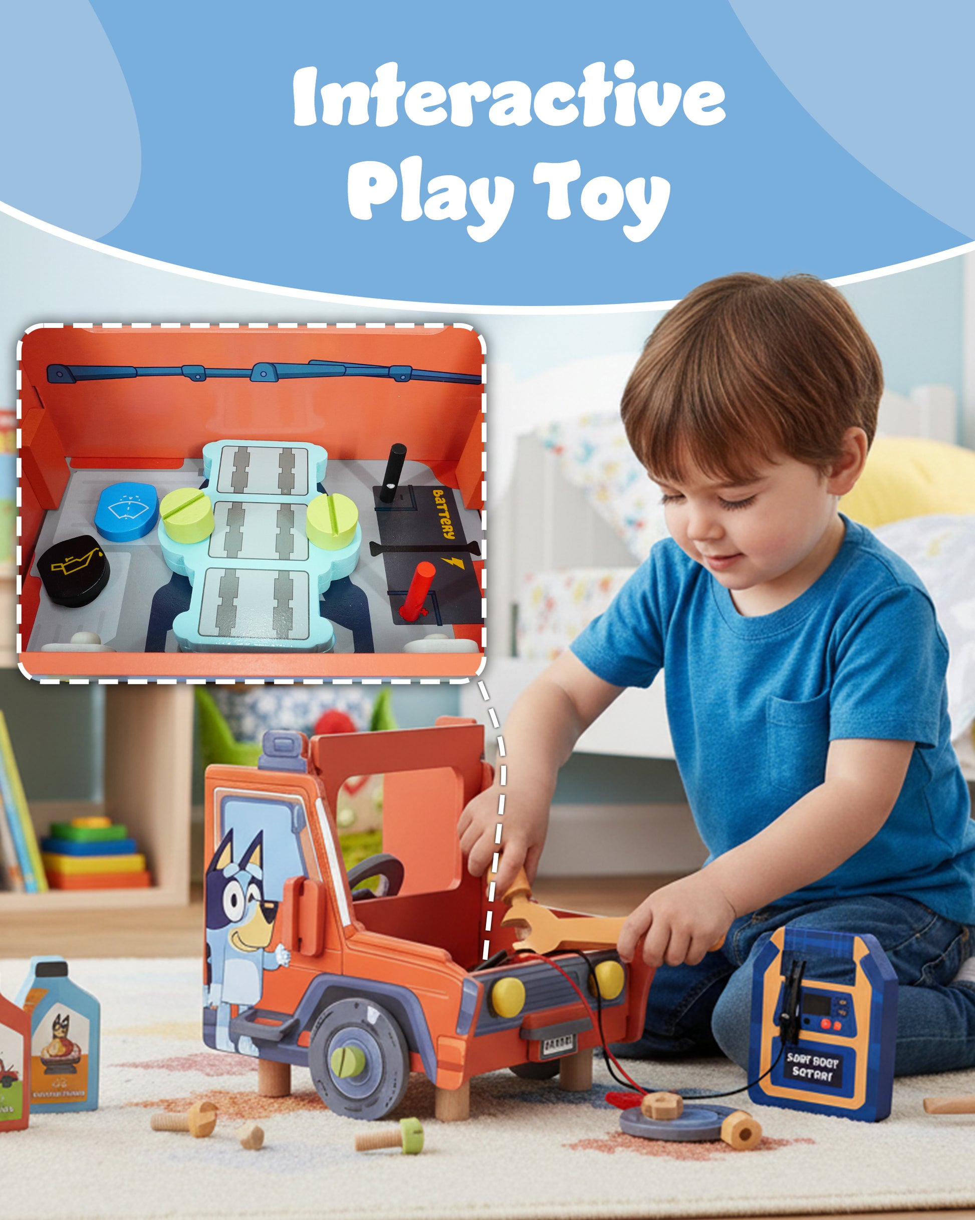 Bluey wooden mechanic set with oil and screen wash bottles – compact portable pretend play toy UK
