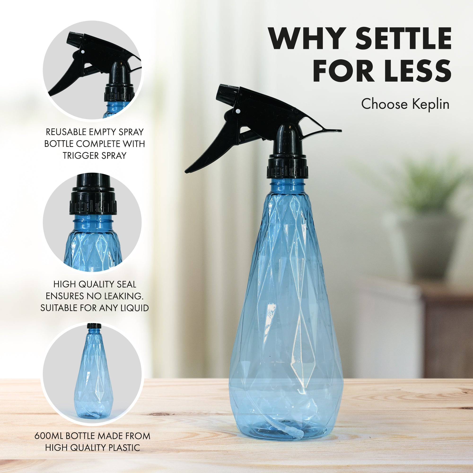 KEPLIN Water Spray Bottles (2 Pack) 600ml – Adjustable Nozzle for Mist & Stream | Reusable & Refillable w/Spray Nozzle | Ideal for Cleaning Kitchen Bath Glass (Grey & Green) (Copy)