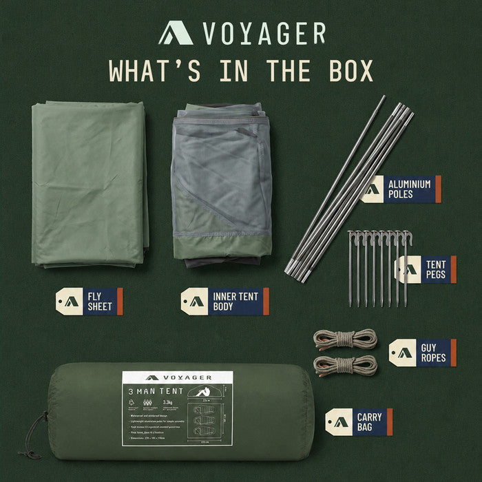 3 man tent contents: flysheet, inner tent, aluminium poles, pegs, guy ropes, bag