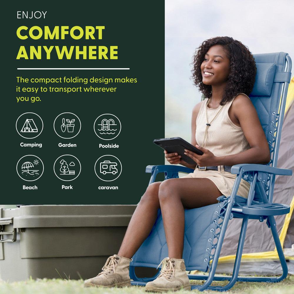 KEPLIN Set of 2 XXL Premium Heavy Duty Quilted Zero Gravity Chairs - Luxurious Garden Recliners, Adjustable Headrest, Cup & Phone Holder, Foldable, Easy to Clean Patio Sun Loungers