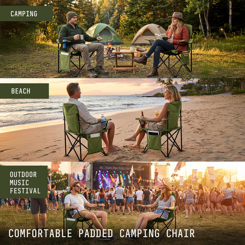 Camping chairs 2-pack green with carry bag – stable on grass, gravel and uneven ground at UK campsites