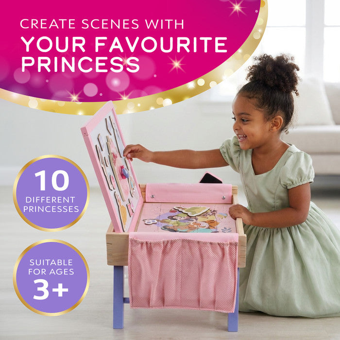 Girl playing with the Disney Princess wooden creation station, suitable for ages 3 and up 