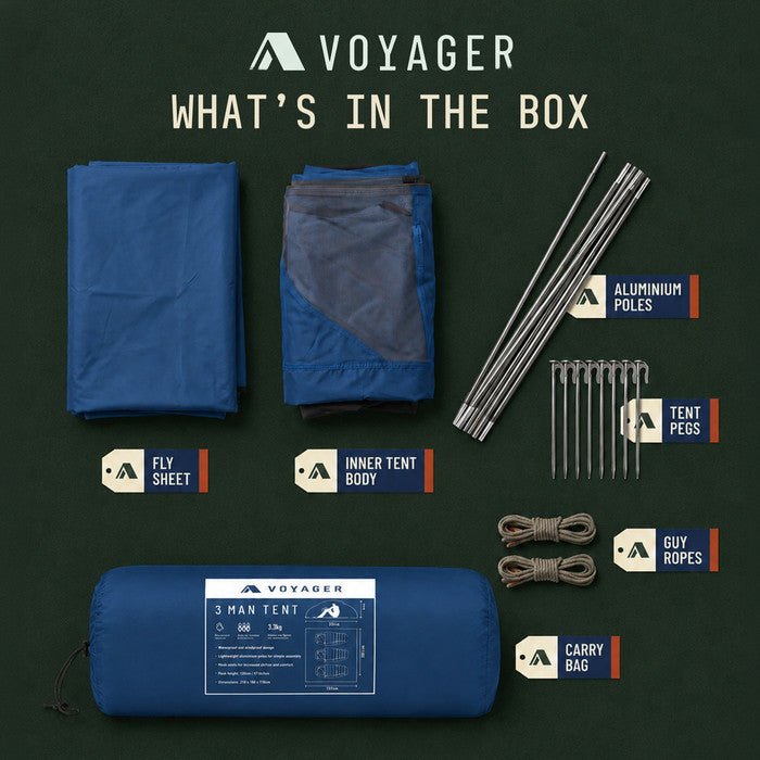 3 man tent contents: flysheet, inner tent, aluminium poles, pegs, guy ropes, bag