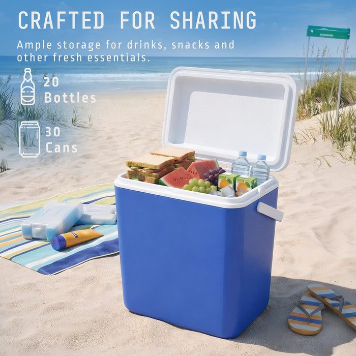 Open 24L cool box holding up to 20 bottles and 30 cans for beach picnics