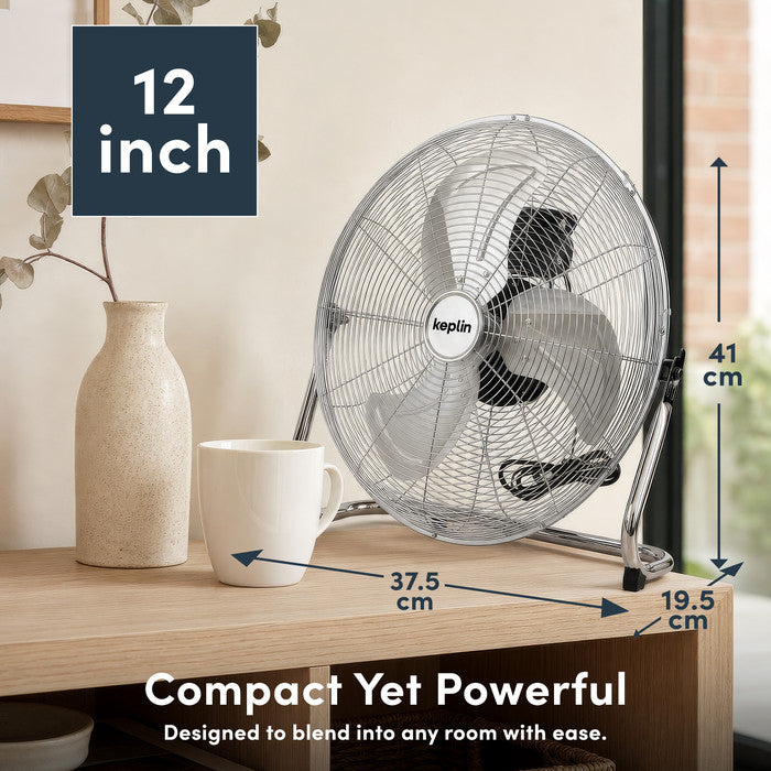 Metal guard and blade 12 inch chrome floor fan