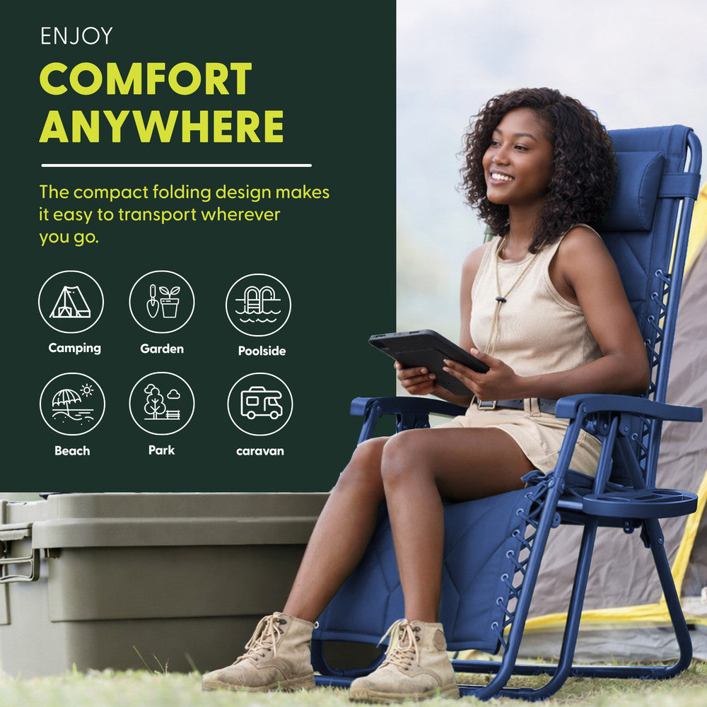 KEPLIN Set of 2 XXL Premium Heavy Duty Quilted Zero Gravity Chairs - Luxurious Garden Recliners, Adjustable Headrest, Cup & Phone Holder, Foldable, Easy to Clean Patio Sun Loungers