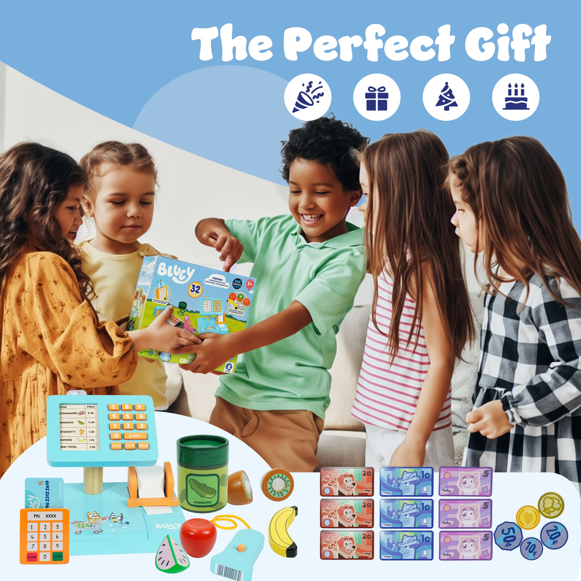 Bluey Cash Register. Press The Buttons to Hear Beeps, Sounds and Phrases From and Bingo, Use the Scanner to Scan Packages and Pretend to Run a Shop, Includes Toy Credit Card and Dollar Bucks!