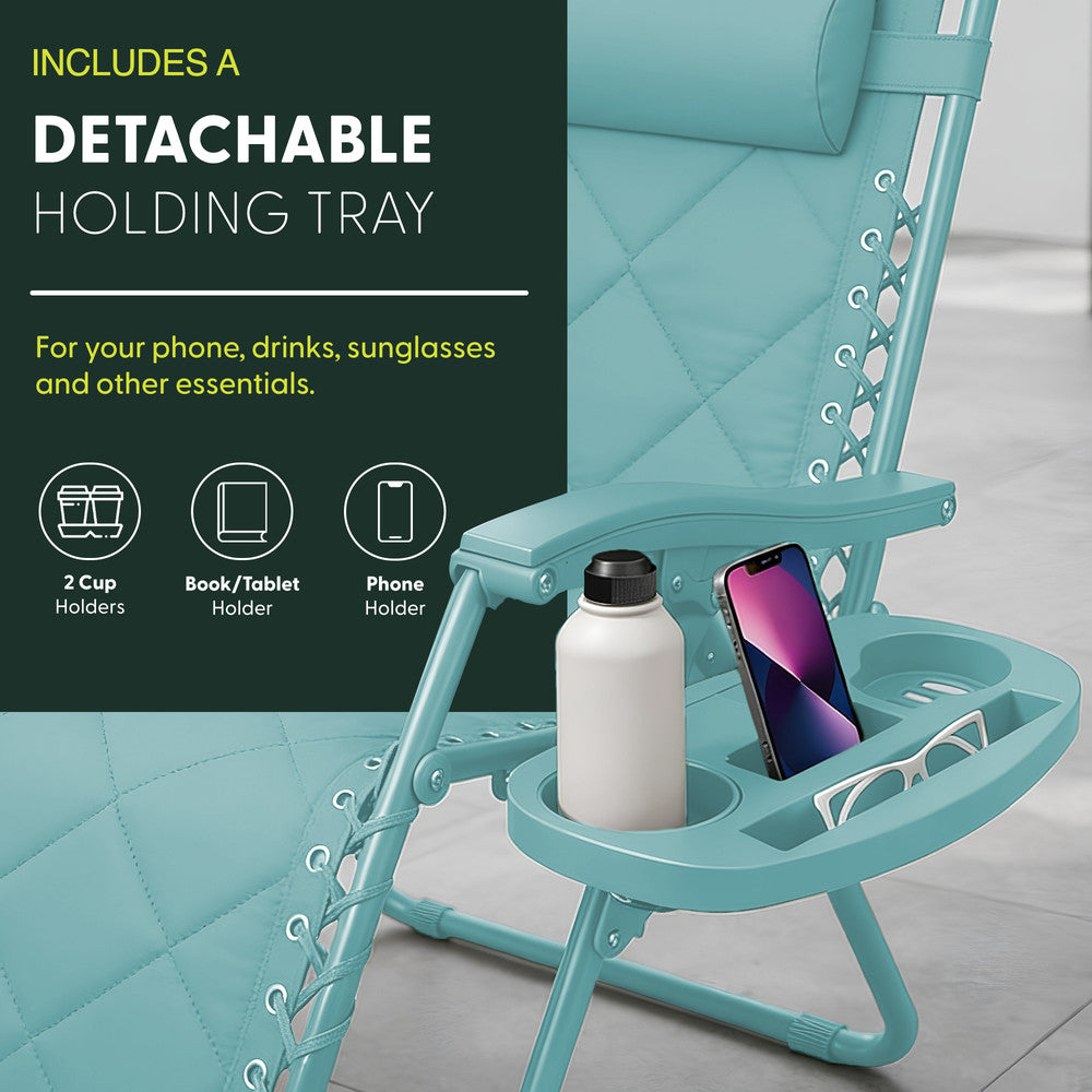 KEPLIN Set of 2 XXL Premium Heavy Duty Quilted Zero Gravity Chairs - Luxurious Garden Recliners, Adjustable Headrest, Cup & Phone Holder, Foldable, Easy to Clean Patio Sun Loungers